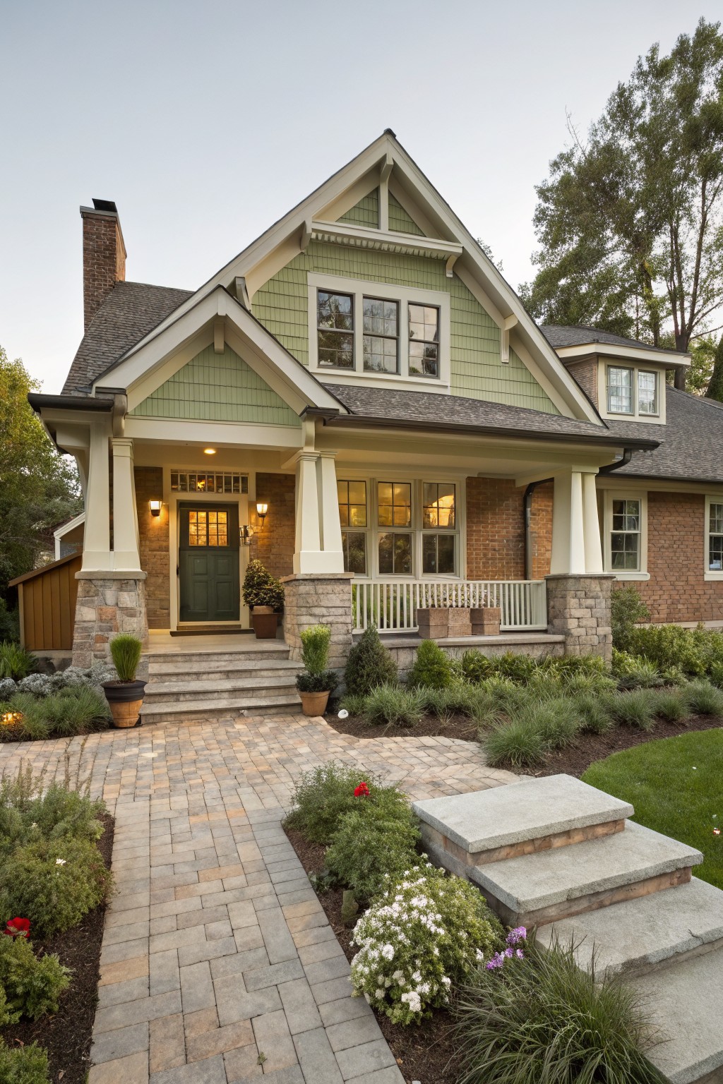 Two-story Craftsman house exterior with sage green painted shingle siding, red brick chimney, beige stone porch pillars, dark green front door, white railing porch, and brick accent wall beside paver walkway and landscaping.
