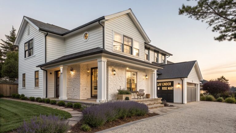 Two-story house exterior featuring light gray clapboard siding, white porch columns and trim, standing seam metal roof sections, stone foundation steps with labeled Lavender and Rosemary planters, black garage door, and purple lavender plants along a gravel path.