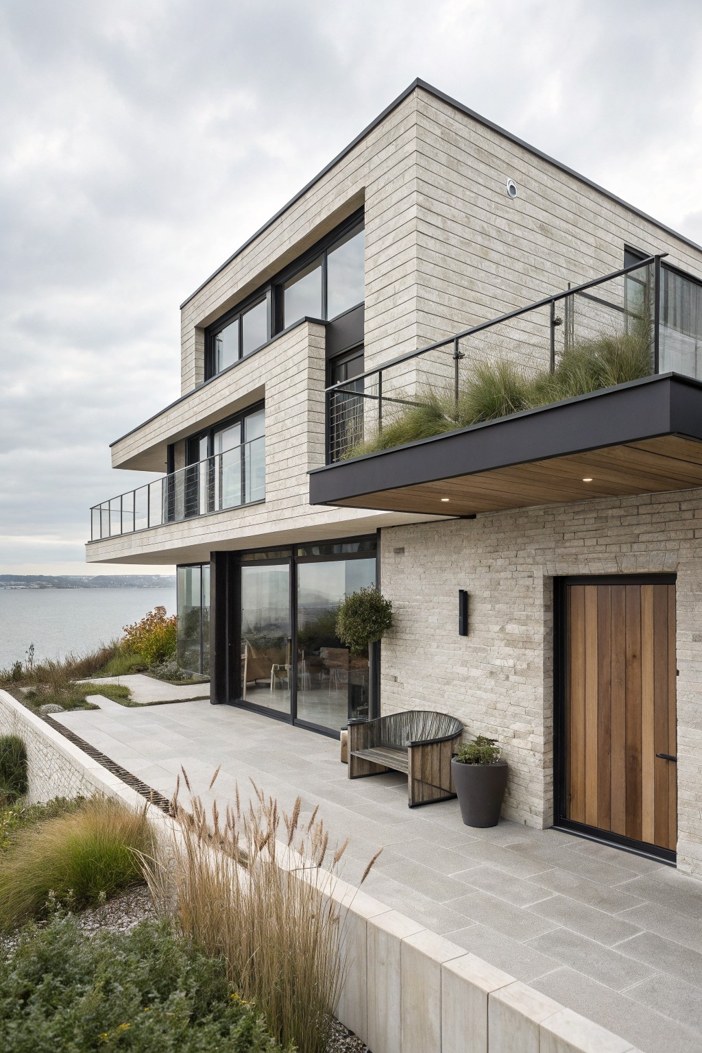 Modern multi-level house exterior with light beige brick walls, black metal window frames, glass balcony railing, wooden entry door, patio furniture, and native grasses on a sloped site overlooking a lake.