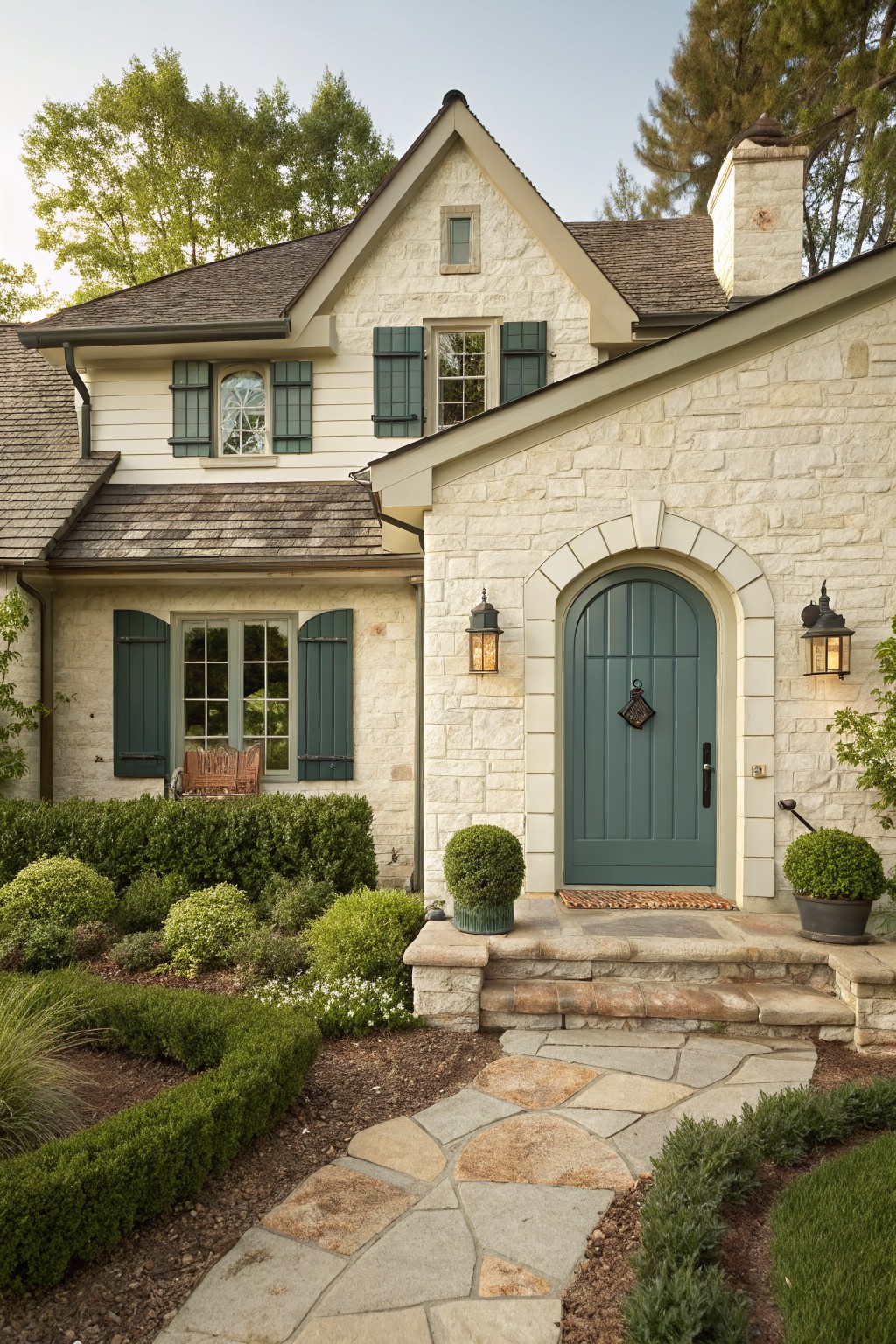 Two-story house exterior featuring light beige stone walls, dark wood shake siding on gabled roof sections, teal arched front door with green shutters on windows, stone lanterns, boxwood spheres, and a flagstone path through landscaping.