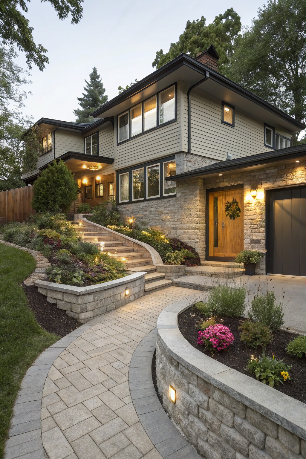 Two-story house with light beige horizontal siding, black trim, stone veneer base and retaining walls, wooden front door with wreath, lit curved paver pathway and stairs on a sloped lot with landscaping and attached garage.
