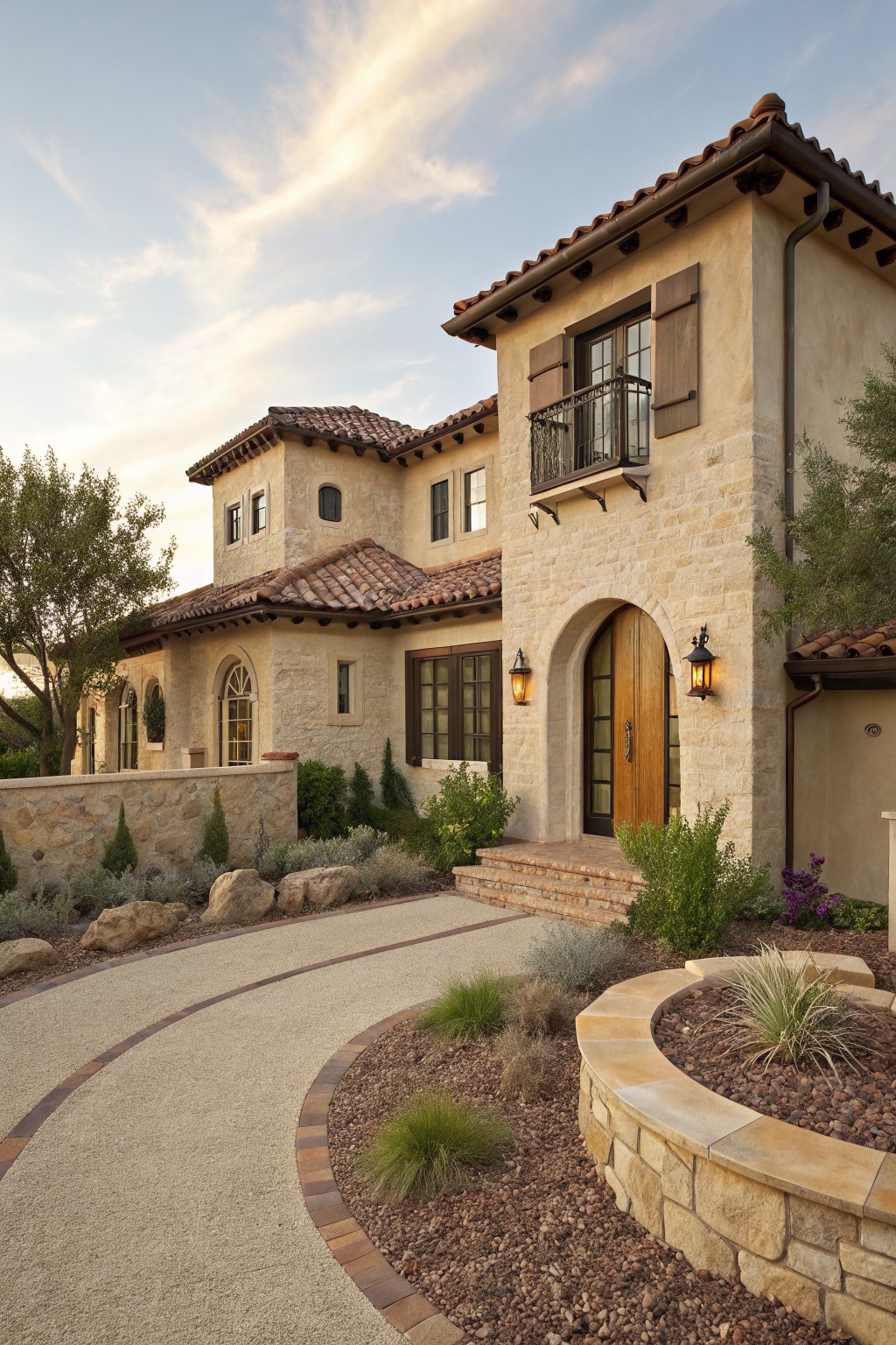 Beige stucco two-story house exterior with stone accents on corners and arched wooden entry door, red tile roof, lantern lights, curved gravel driveway, and desert plants.