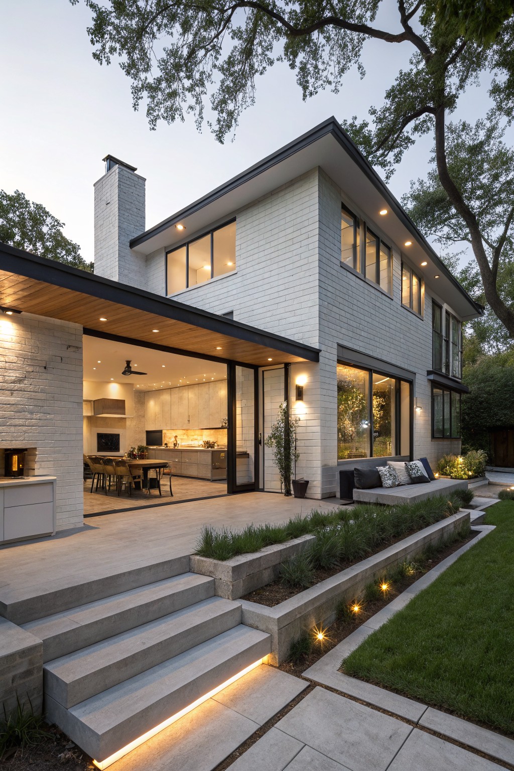 Modern two-story house exterior featuring white painted brick walls, black metal roof and trim, large glass windows, covered wood patio with kitchen visible inside, concrete deck and steps, low seating wall, and landscaped yard with lighting at dusk.