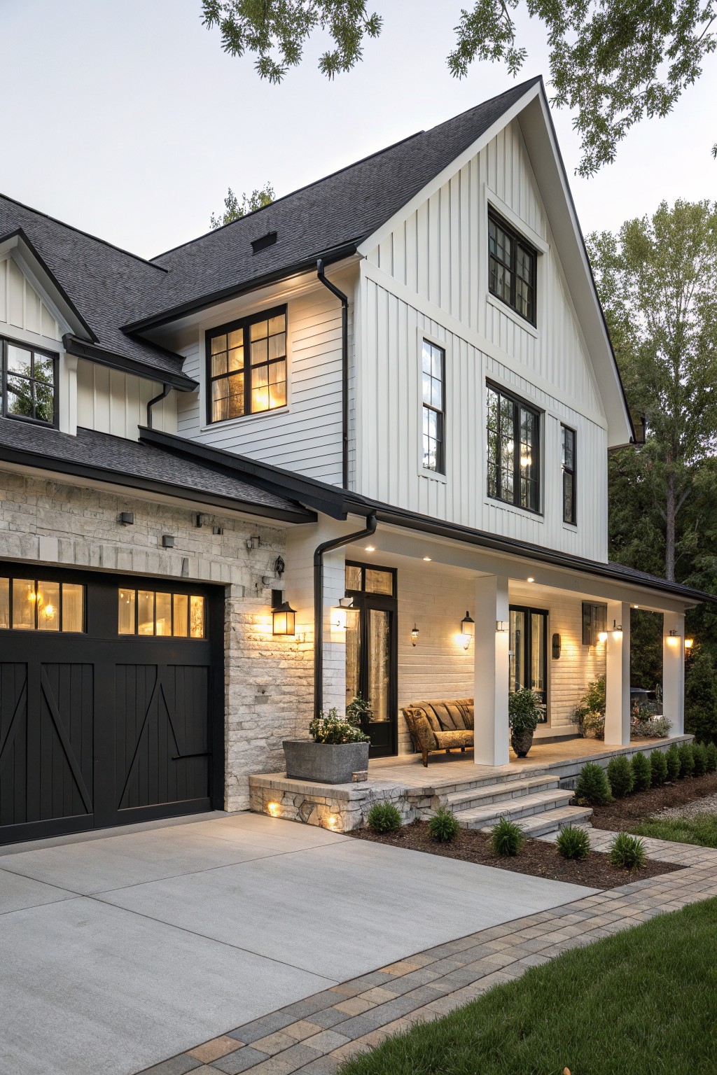 Two-story house exterior with white board-and-batten siding, stone veneer garage with black doors, covered front porch, black-trimmed windows, and landscaped entry at dusk.