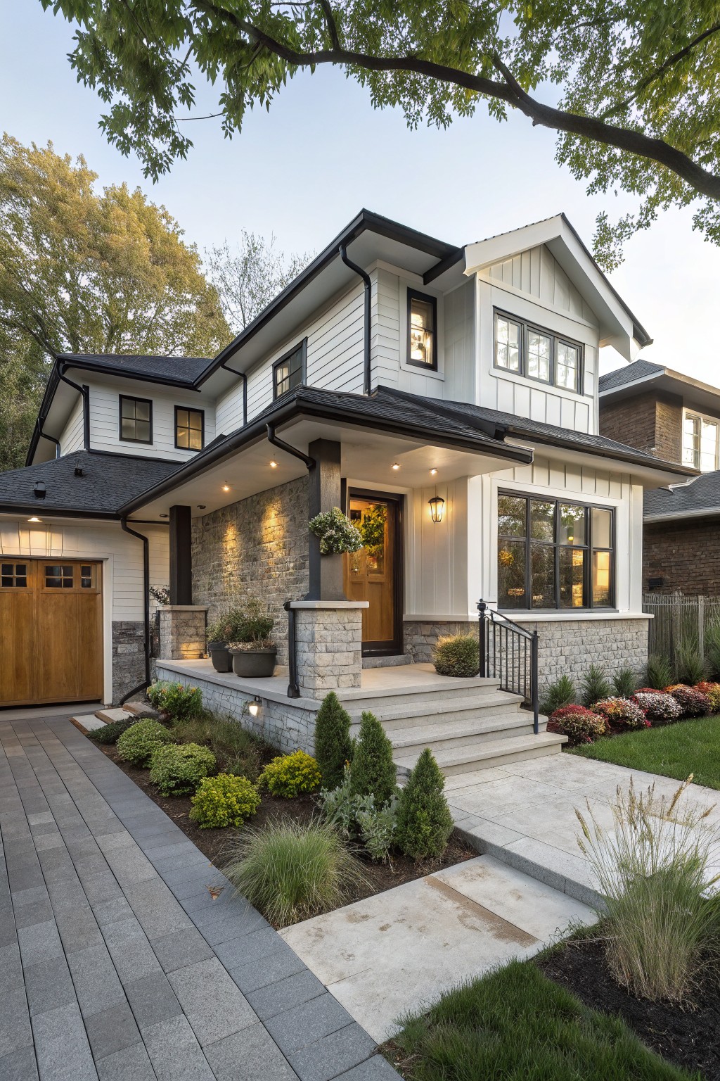 Two-story house exterior featuring white board-and-batten siding, black-framed windows and trim, gray stone veneer on garage and entry porch pillars, wooden garage door and front door, concrete steps, and front yard landscaping with plants and paver pathway.