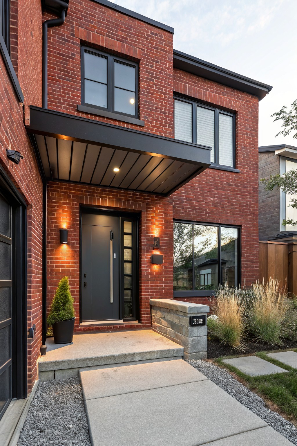 Front view of a modern red brick house with a cantilevered black metal awning over a tall gray front door, flanked by black wall lights, a potted topiary, stone retaining wall with house number, concrete steps and pathway, ornamental grasses, and a dark garage door.