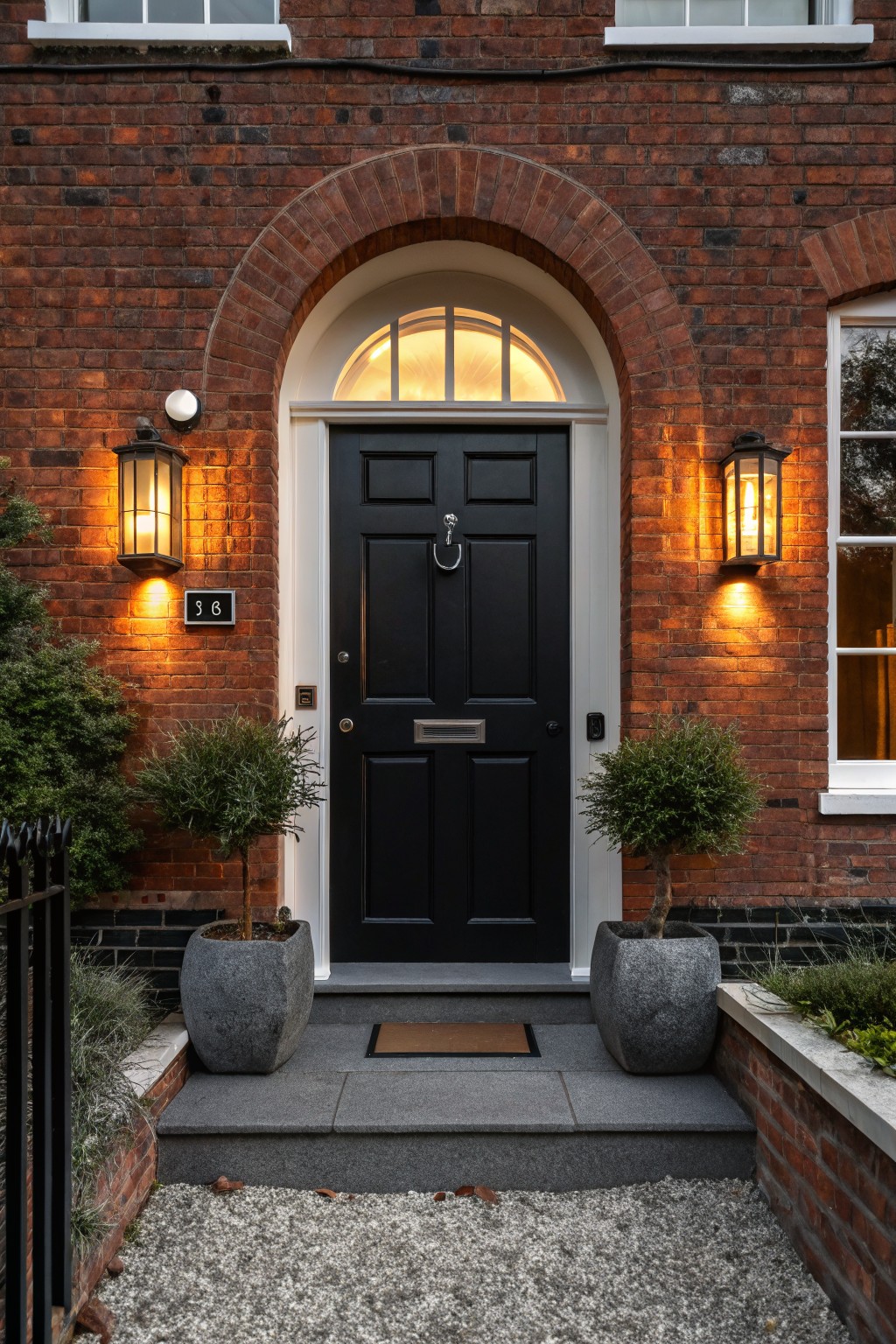 Red brick house exterior featuring a black paneled front door under an arched white window, flanked by lanterns and potted plants on stone steps with gravel path.