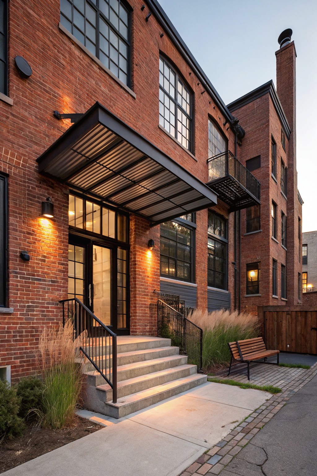 Red brick building exterior featuring a black metal awning over a glass entrance door, flanked by concrete steps with black railings, ornamental grasses, a wooden bench, and warm exterior lighting at dusk.