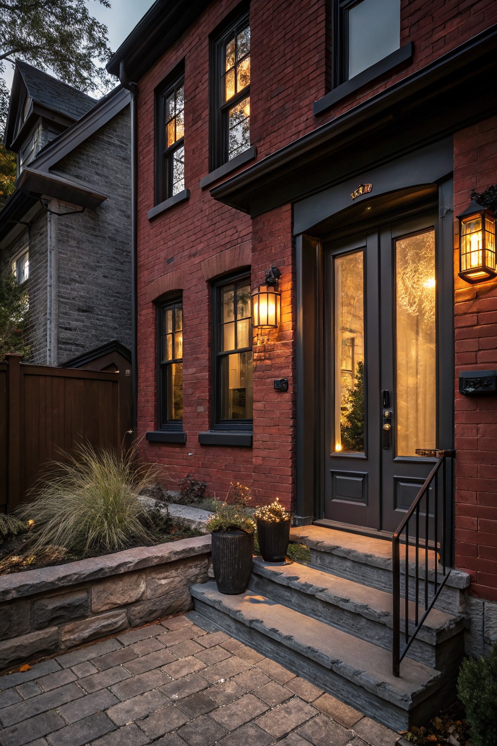 Evening photo of a two-story red brick house exterior with black window frames, matte black double doors with glass inserts, wall-mounted lantern lights, stone entry steps, potted plants, and ornamental grasses beside a low stone wall.