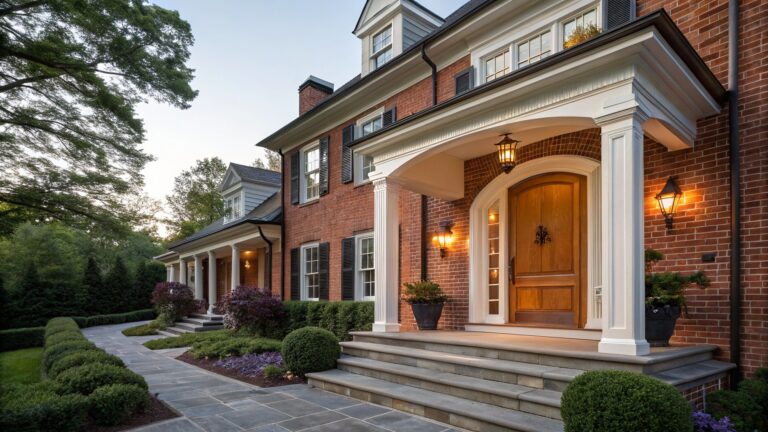 Red brick house facade with white pedimented portico supported by columns, wooden double door, lanterns, boxwood topiaries, urns of purple flowers on steps, and surrounding hedges at dusk.