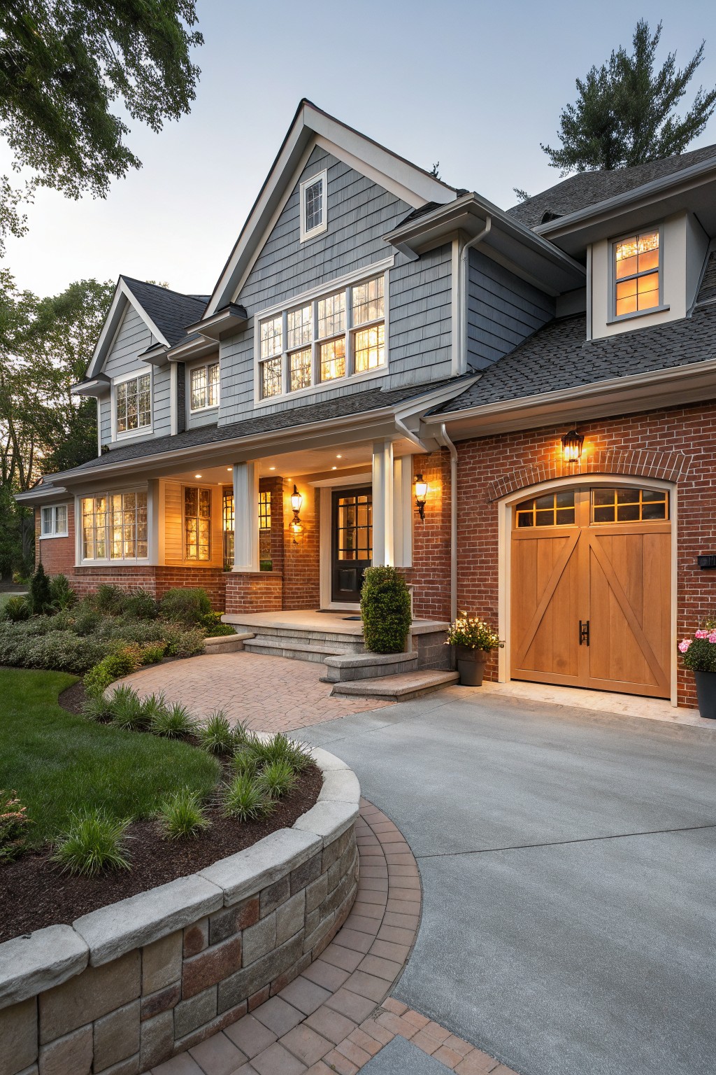 Front view of a two-story house exterior featuring red brick at the base and garage, light gray shingle siding on the upper levels, white trim, a covered porch with steps, and a wooden garage door, surrounded by landscaping and a curved driveway.
