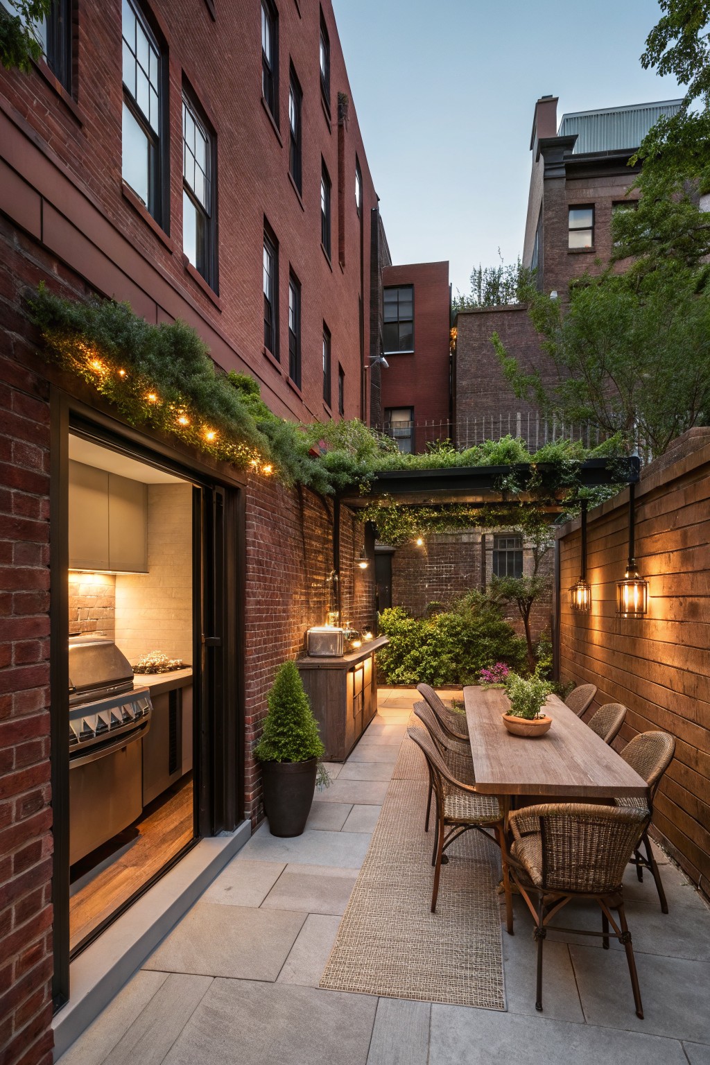 Red brick courtyard at dusk with open beige outdoor kitchen cabinets, stainless steel grill, wooden dining table, rattan chairs, potted plants, vine-covered metal pergola, and hanging lanterns.