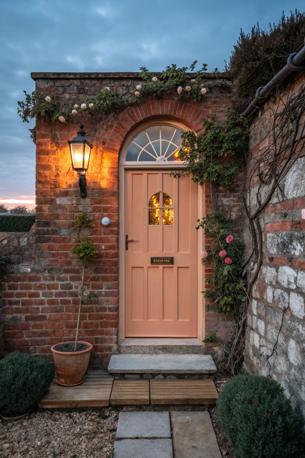 Peach-painted arched wooden front door with glass panel on red brick wall, lit by black lantern, surrounded by climbing roses, ivy, potted boxwood plants, and gravel path at dusk.