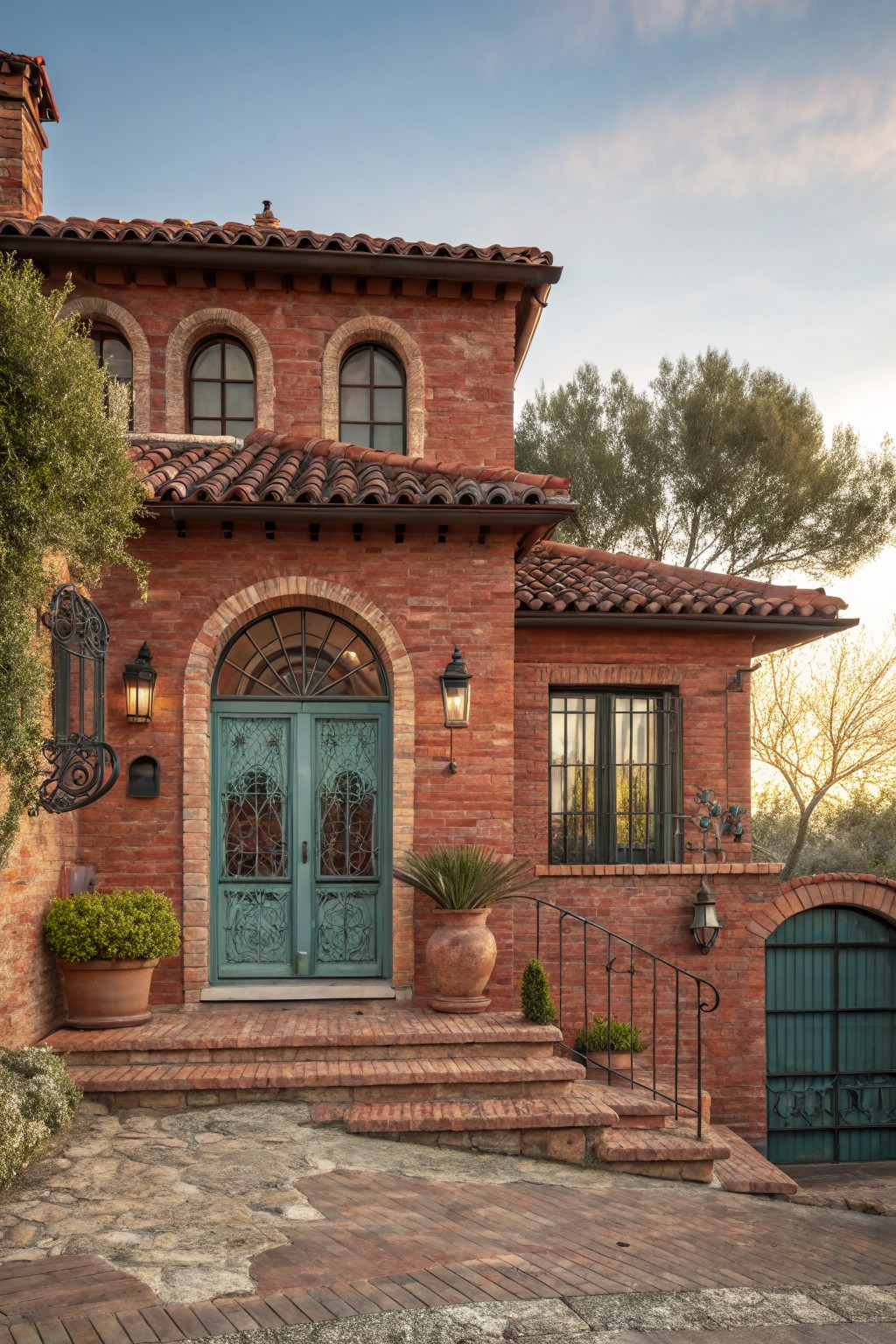 Red brick house exterior featuring double teal front doors in an arched entryway flanked by lanterns, steps with potted plants leading up, a matching teal garage door, terracotta tile roof, and surrounding greenery under a partly cloudy sky.
