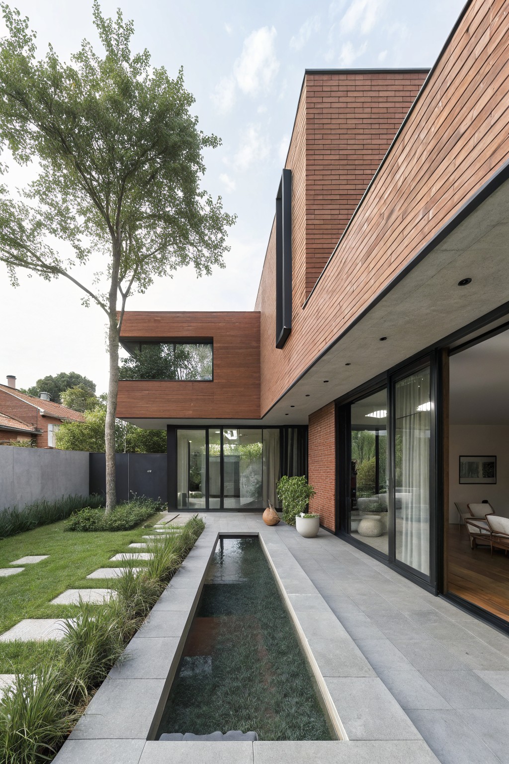 Modern two-story red brick house exterior with timber-clad protruding upper volume, concrete slab pathway alongside a narrow reflecting pool, green lawn with stepping stones, grasses, potted plants, and open sliding glass doors.
