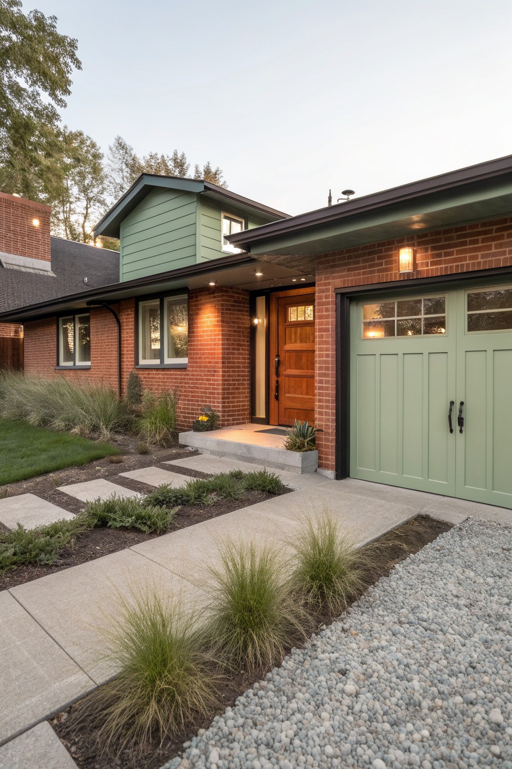 Red brick house exterior with sage green vertical siding on a gabled addition, wooden front door, matching green paneled garage door, concrete steps and pathway, potted plants, and ornamental grasses in the front yard at dusk.