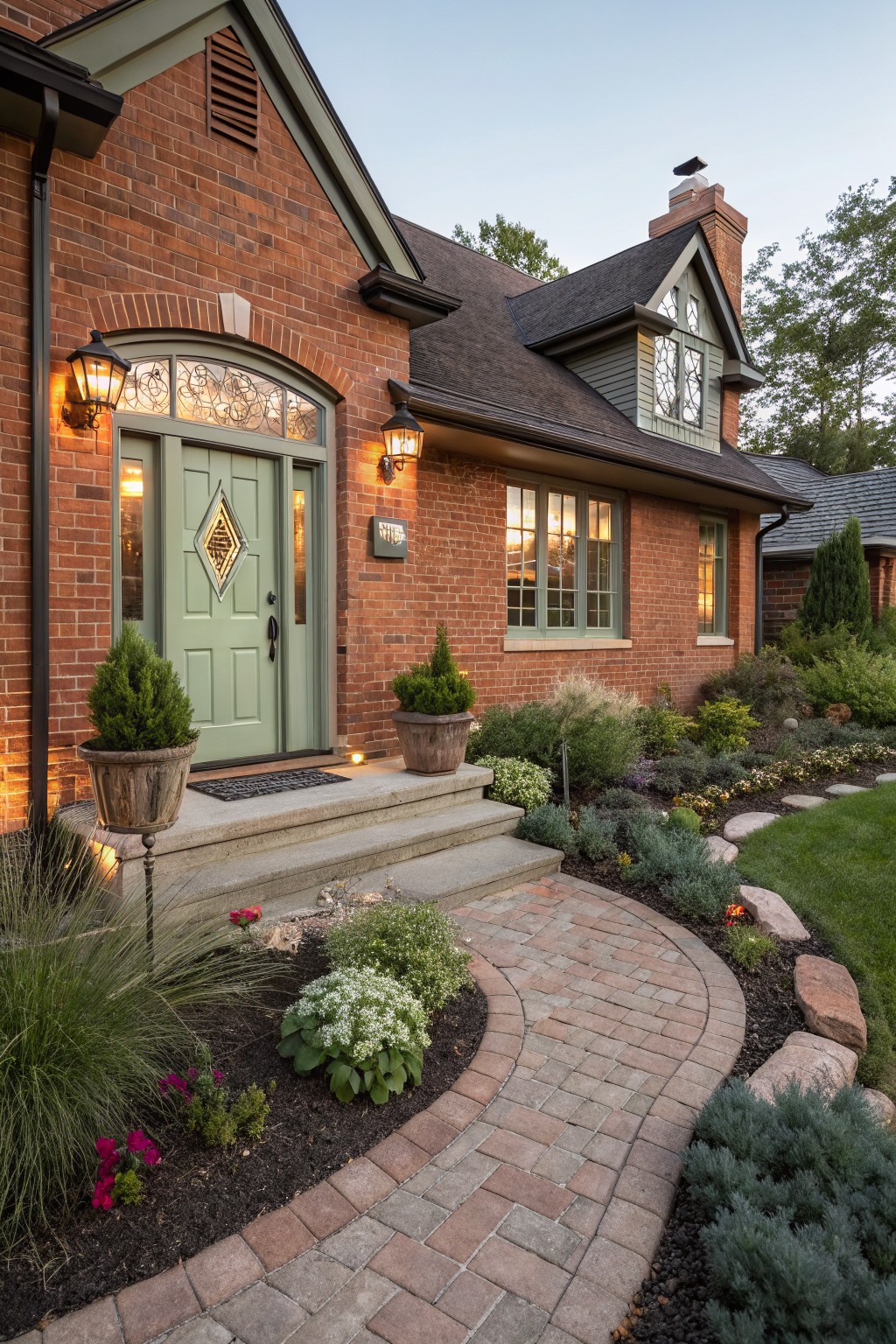 Red brick house facade featuring a sage green front door with diamond-patterned glass, flanked by lanterns and boxwood topiaries, with a curved brick pathway and landscaped beds leading to front steps at dusk.
