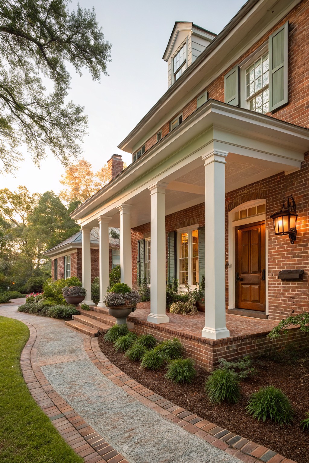 Two-story red brick house featuring white columns supporting a covered front porch, with green shutters on windows, a wooden entry door, potted plants, and a curved stone pathway bordered by landscaping.
