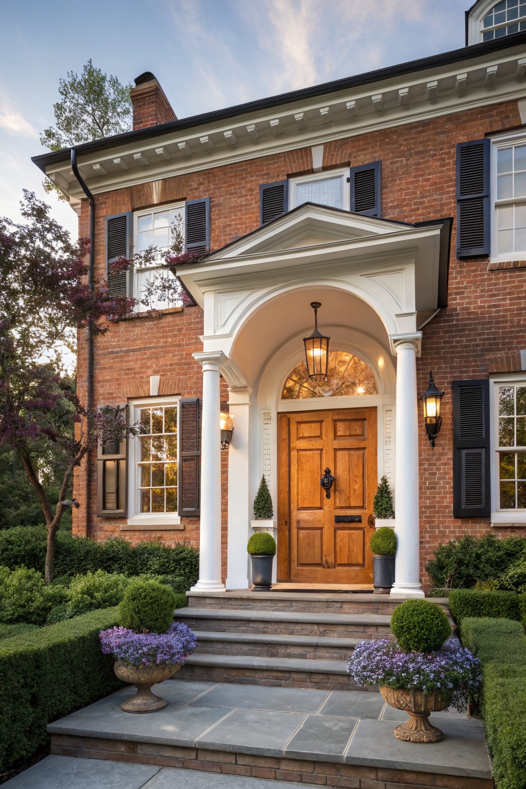 Red brick house facade with white pedimented portico supported by columns, wooden double door, lanterns, boxwood topiaries, urns of purple flowers on steps, and surrounding hedges at dusk.