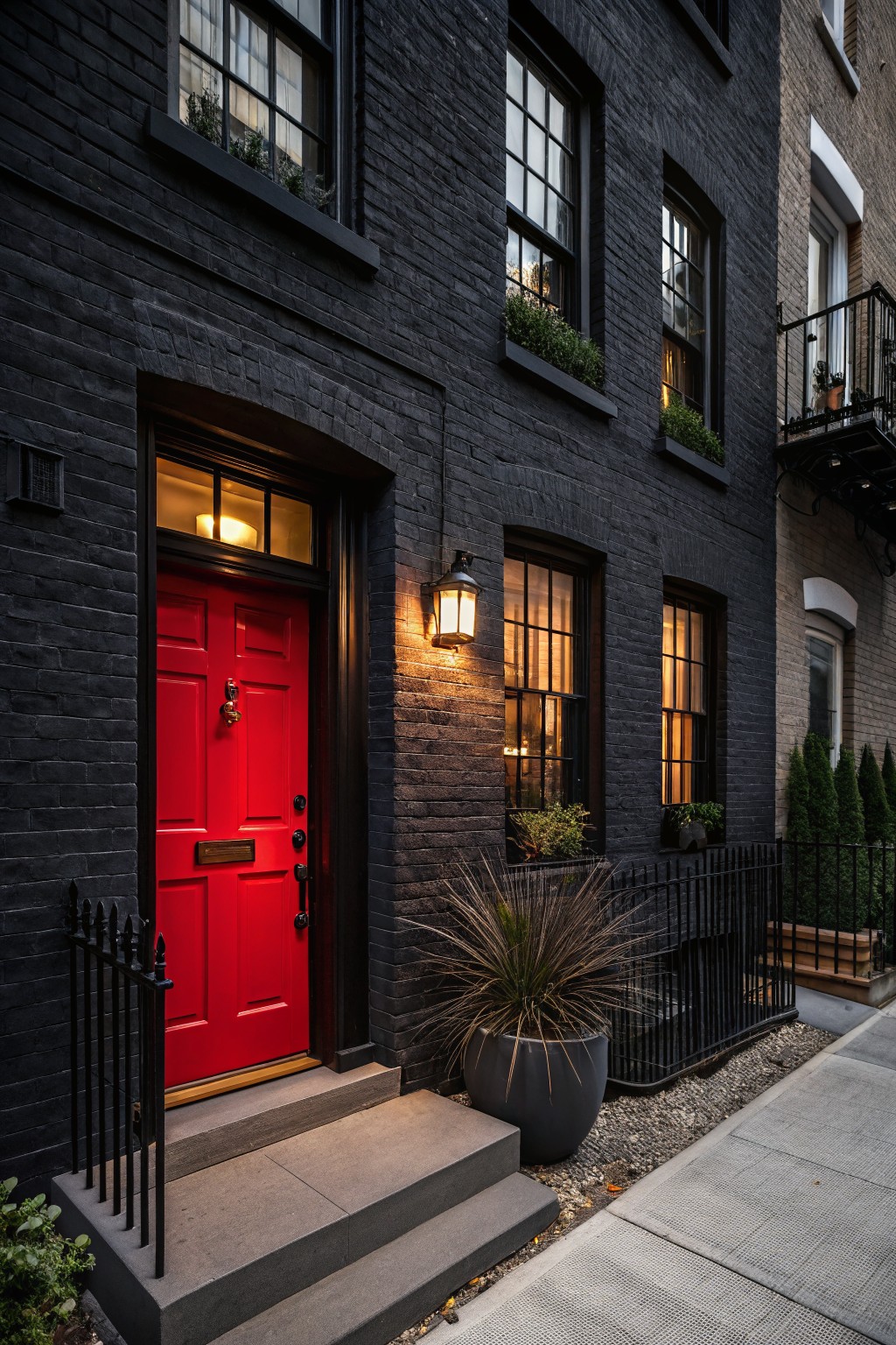 Black painted brick townhouse exterior with a bright red front door, black metal lanterns, window boxes with plants, and a potted grass near the steps.