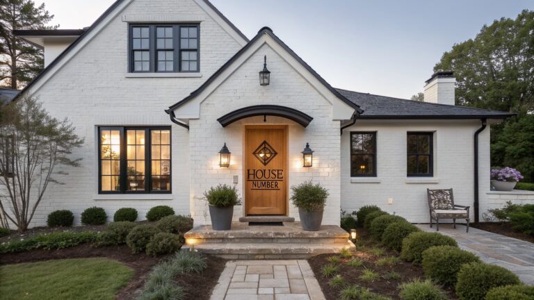 Front exterior of a white painted brick house with black roof edges, black window frames, a dark arched wood entry door flanked by lanterns, a small porch, bench to the side, potted plants, and a stone pathway through low green shrubs.