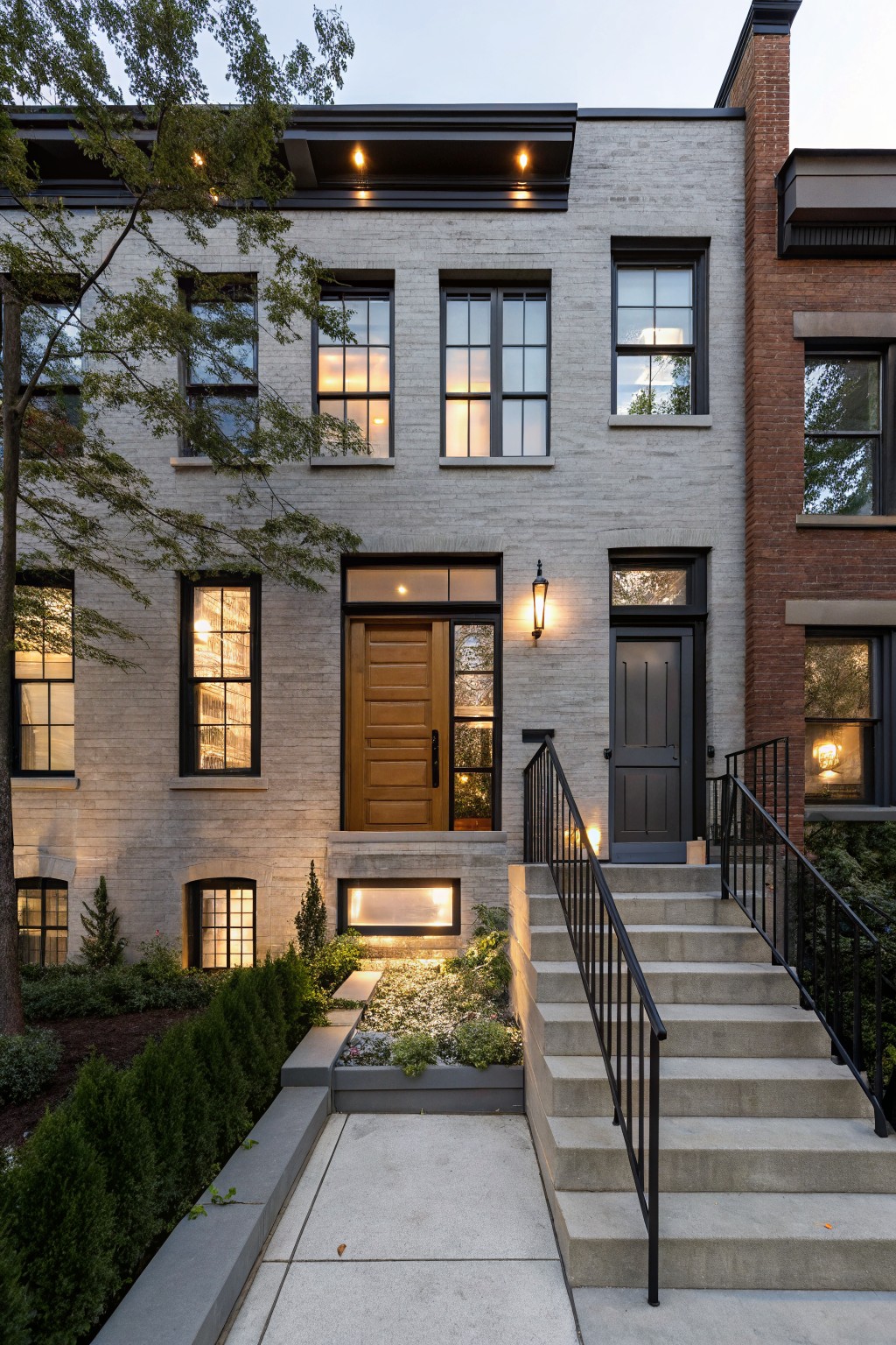 Three-story rowhouse with light gray painted brick facade, brown wooden front door, black metal lanterns and railing on concrete steps, small landscaped area, adjacent red brick house, trees, and dusk lighting.