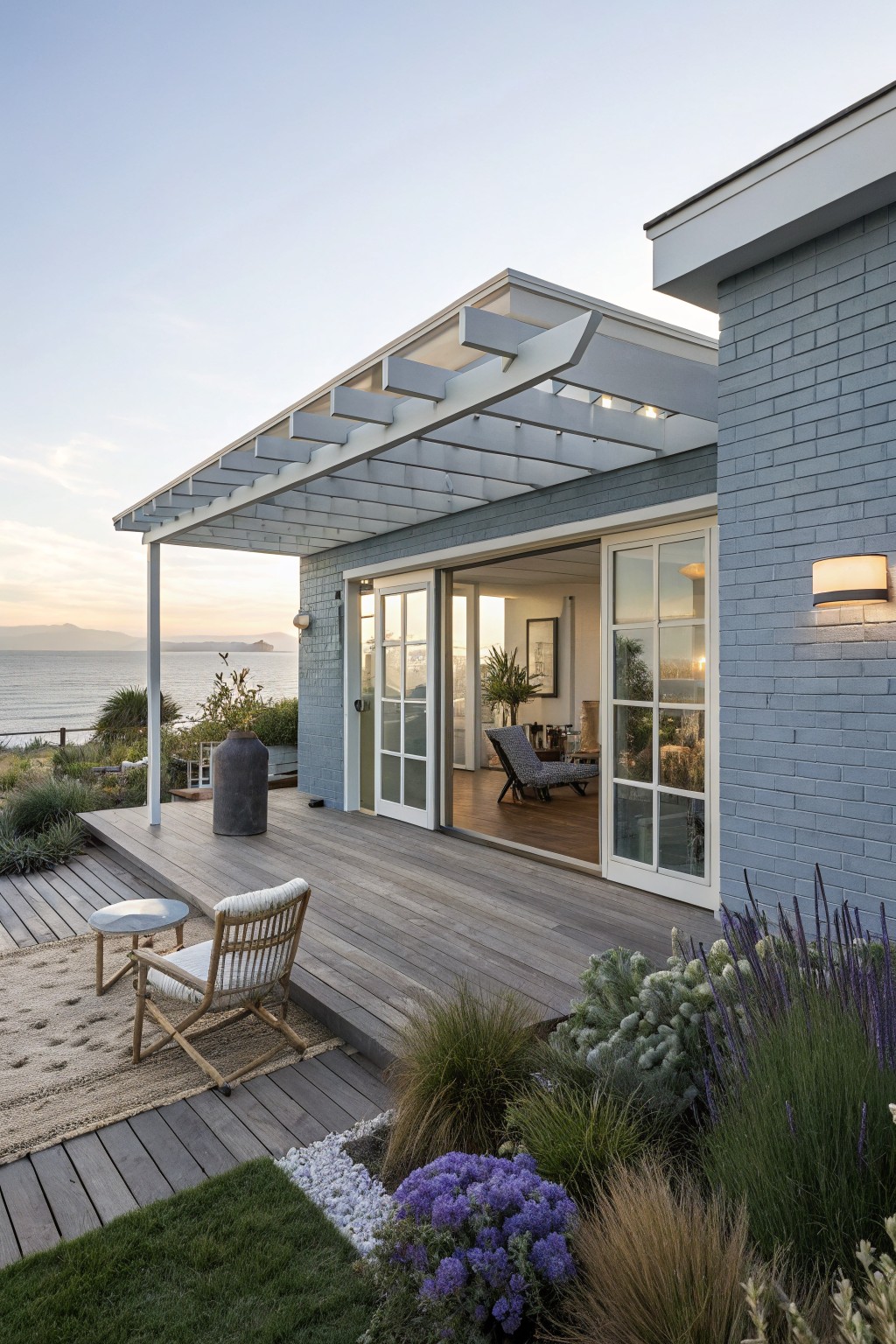 Side exterior of a light blue painted brick house with open sliding glass doors to a wooden deck under a white pergola, lounge chairs on the deck, coastal landscaping, and ocean view at sunset.