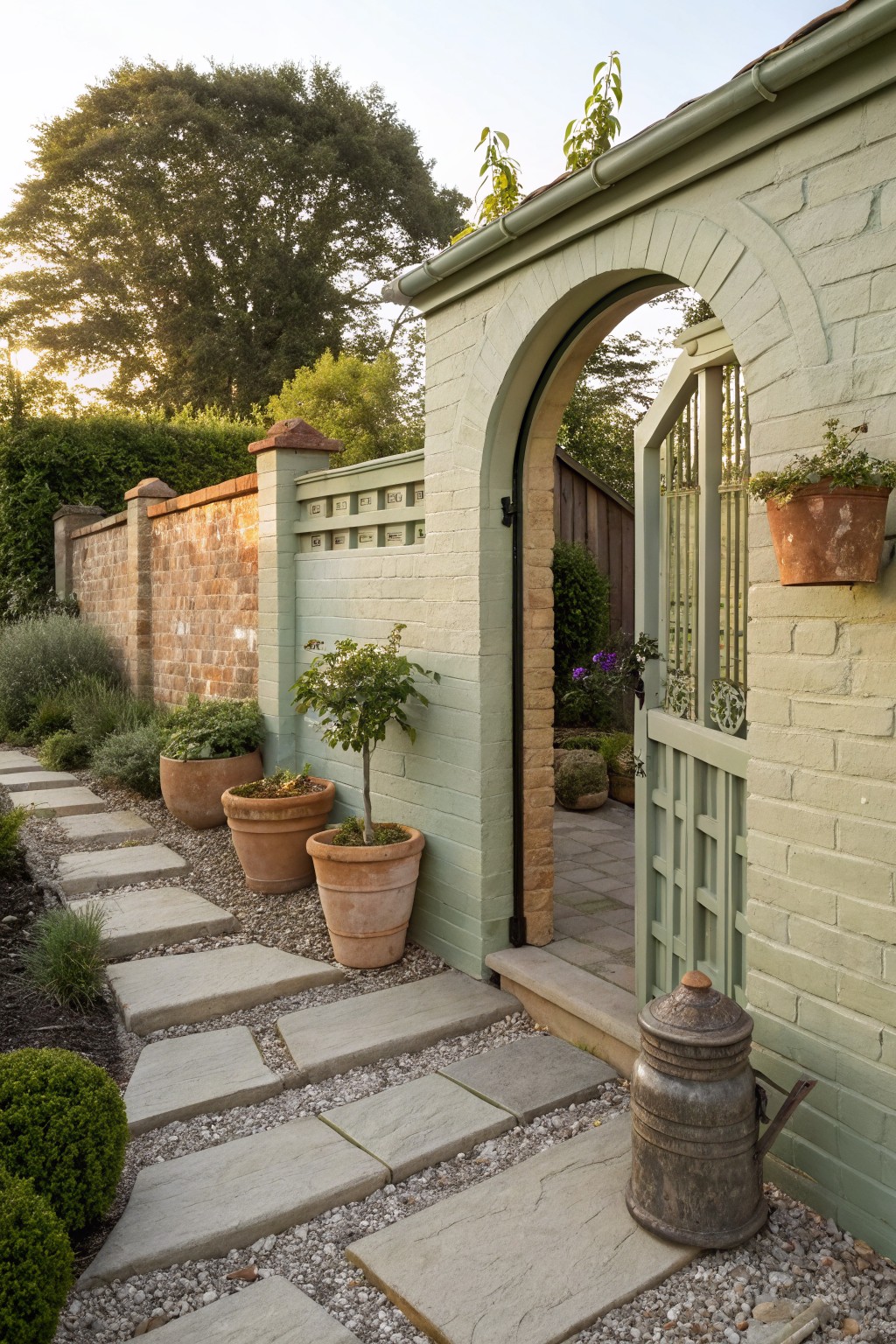 Mint-green painted brick archway with arched wooden gate open to a garden path, surrounded by terracotta pots, plants, and a red brick wall.