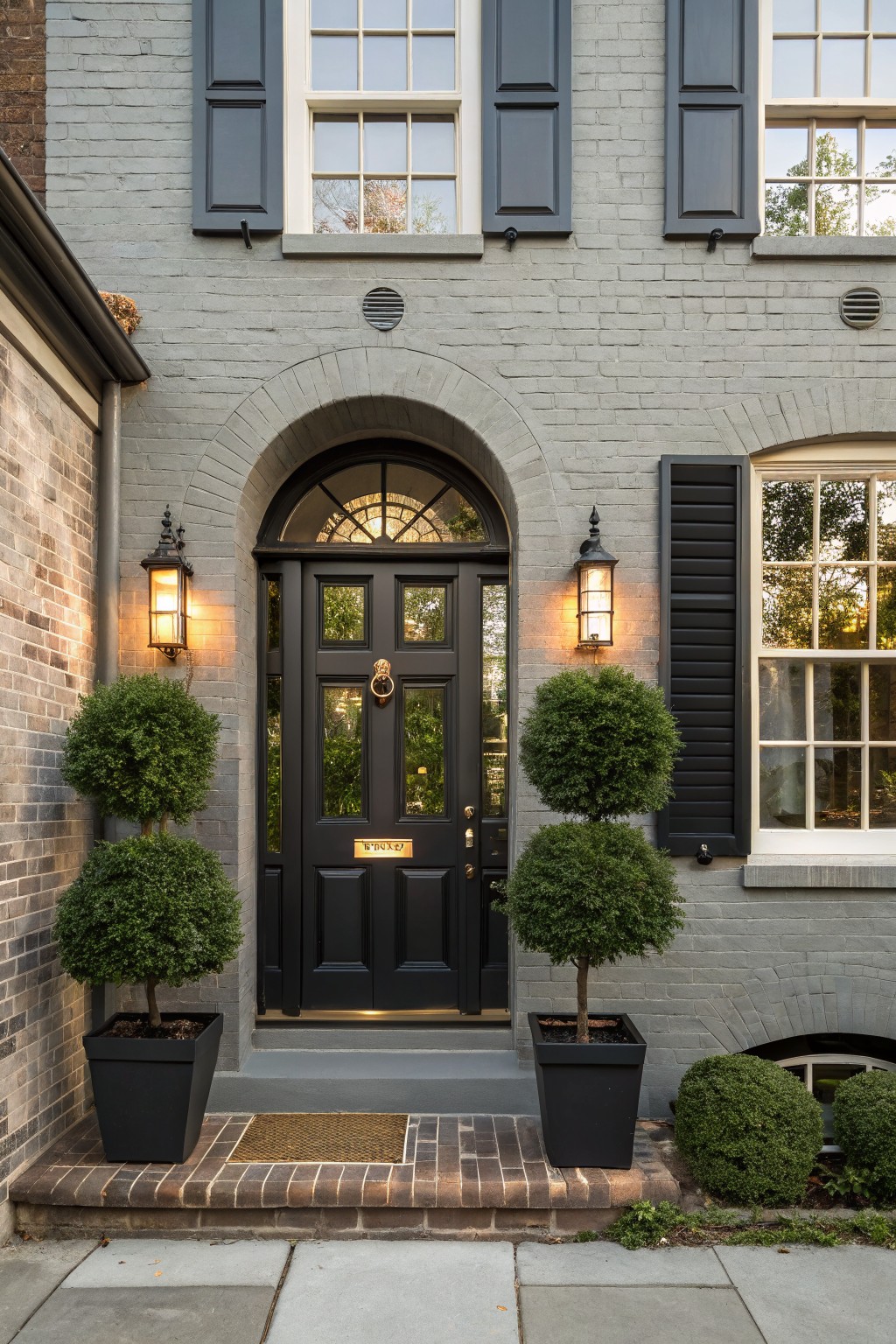 Gray painted brick house facade with black arched front door, gold knocker and letterbox, flanked by lanterns and potted boxwood topiaries on brick steps.