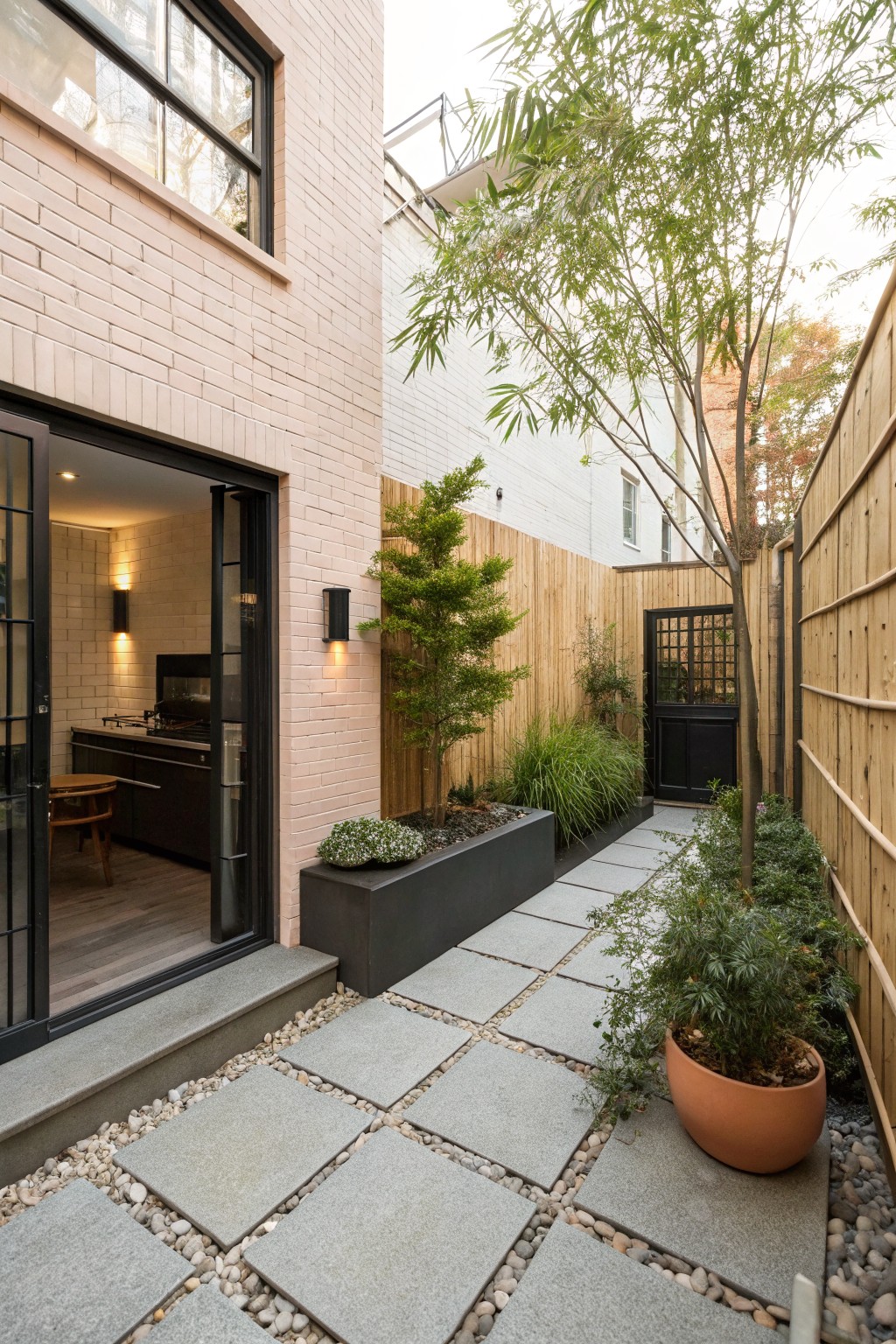 Light pink painted brick house wall with open black sliding glass doors revealing a kitchen interior, adjacent concrete paver pathway edged with pebbles, various potted and planted greenery, and wooden fencing.