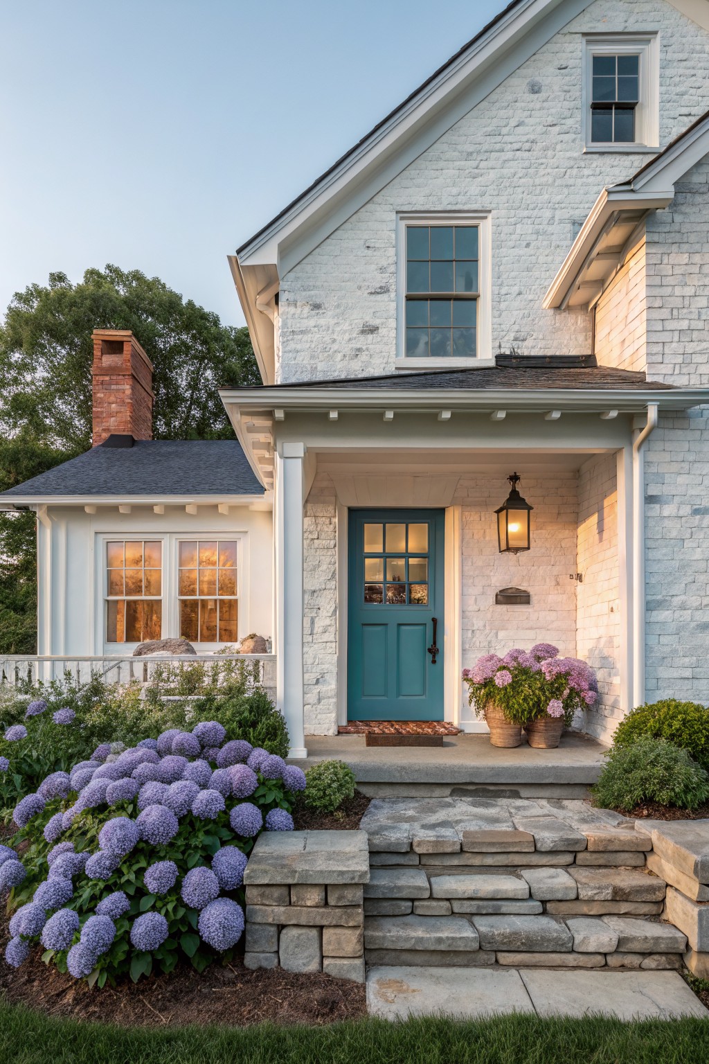 White painted brick house exterior with gabled roof, teal front door on covered porch, black lantern light, purple hydrangea bushes, and stone steps.