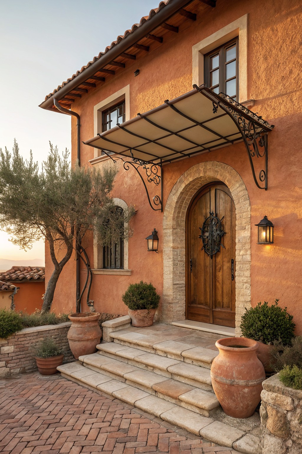 Terracotta stucco house facade with arched wooden double door, wrought-iron awning and accents, lanterns, olive tree, terracotta pots, boxwoods, stone steps, and brick paver patio.