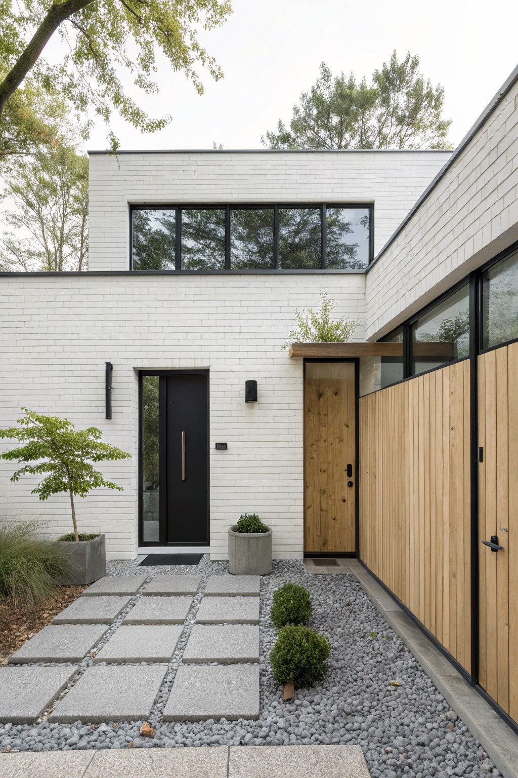 White brick house exterior with black front door, wood-clad side wall and gate, large black-framed windows, concrete planters, gravel path, and low shrubs in front.