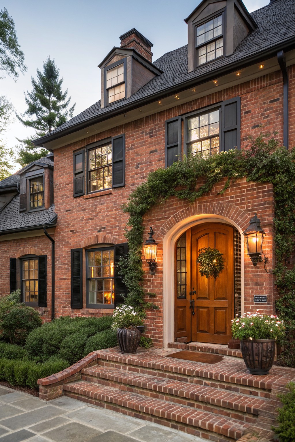 Red brick two-story house exterior featuring an arched wooden double door entry with lanterns, climbing vines, black shutters, potted plants, and brick steps.