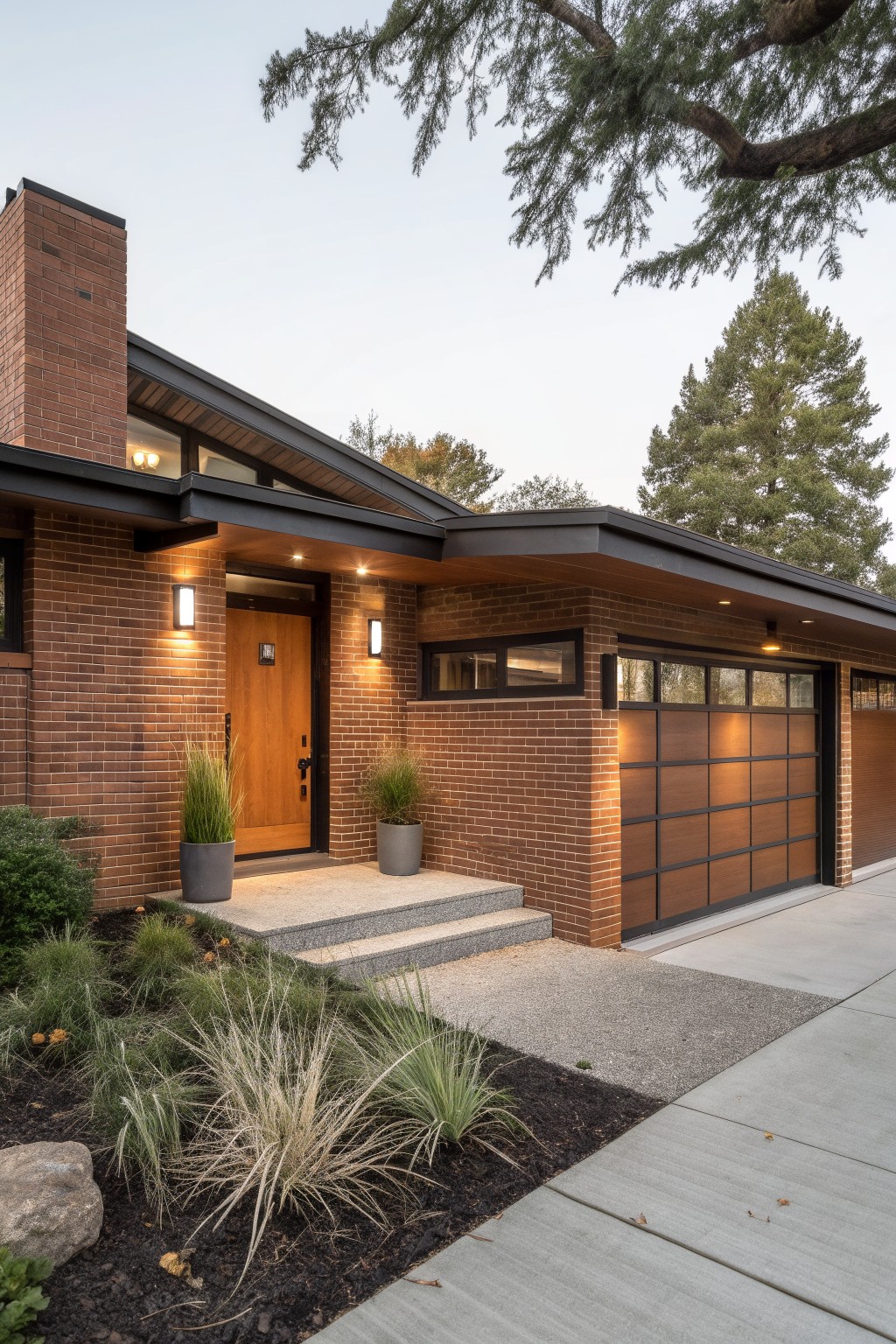 Red brick house exterior with cantilevered dark roofline over wooden front door and paneled garage door, flanked by wall lights, potted grasses on concrete steps, and gravel landscaping with ornamental grasses and rocks.