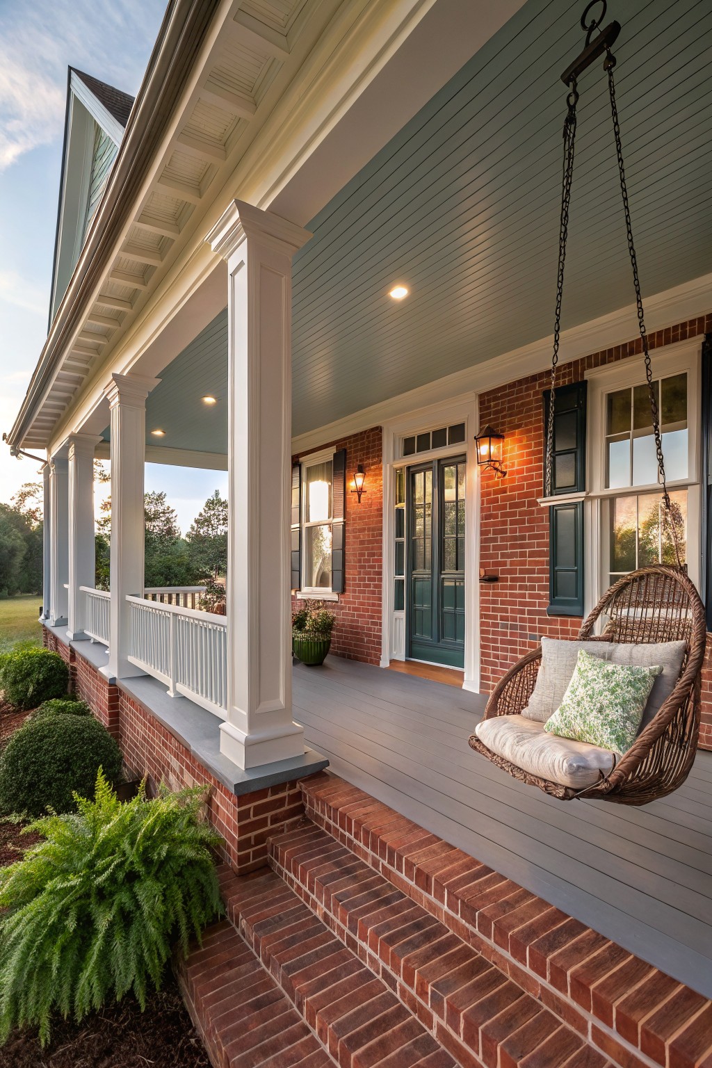 Red brick house exterior featuring a covered porch with white columns, a hanging rattan swing with white and green pillows, dark green double front doors, wall lanterns, brick steps, potted plants, ferns, and boxwoods beside a gray deck.