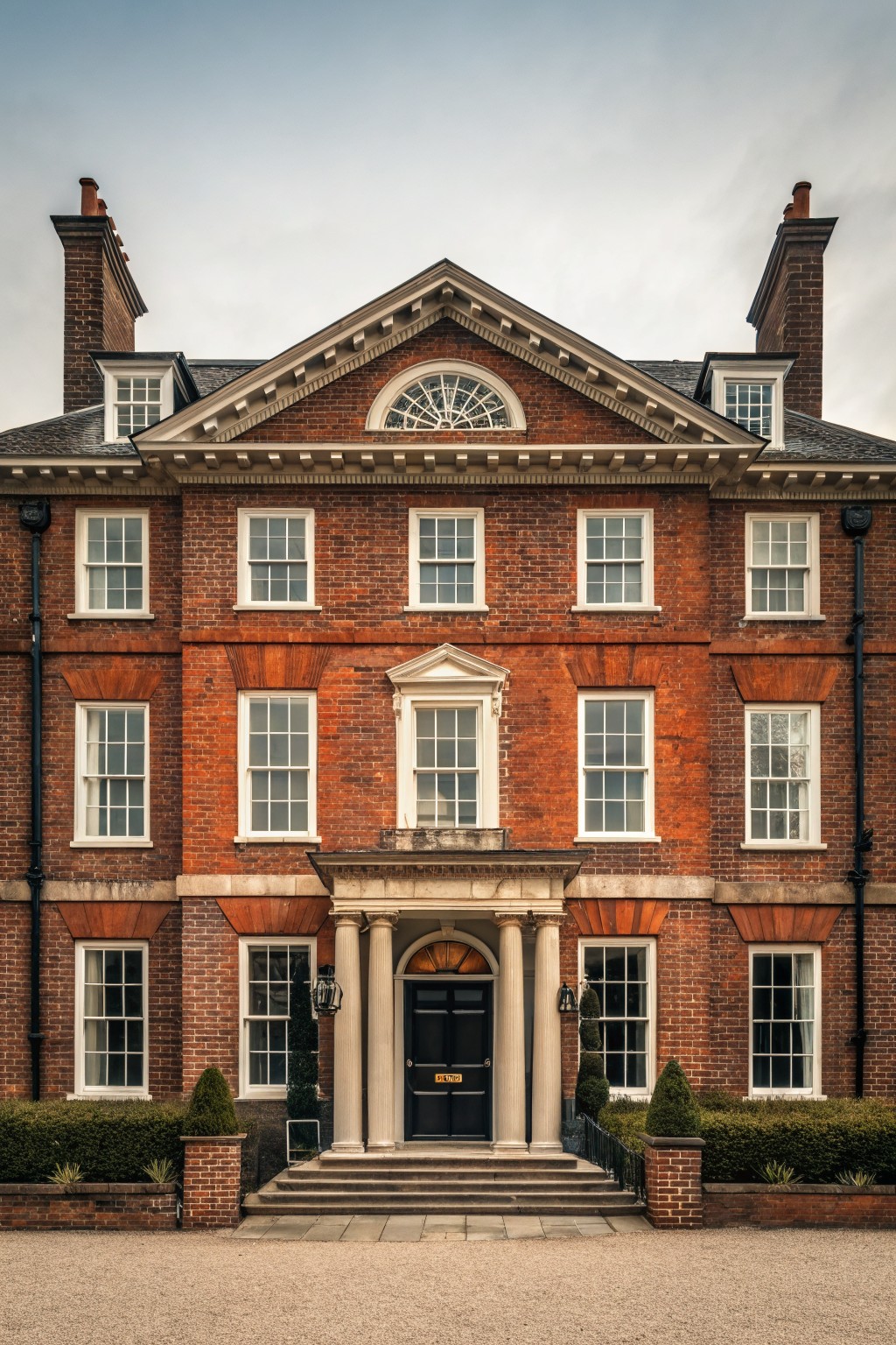 Front view of a three-story red brick house with symmetrical sash windows, central pedimented portico supported by four columns, black front door, lanterns, topiary shrubs, and gravel driveway.
