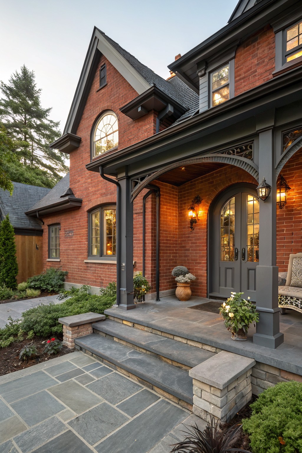 Red brick house exterior with a covered front porch featuring black wrought iron supports, arched double gray doors, wall lanterns, potted plants, stone steps, and slate paver walkway amid shrubs and trees.