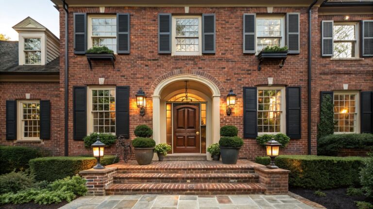 Red brick two-story house exterior featuring an arched wooden double door entry with lanterns, climbing vines, black shutters, potted plants, and brick steps.