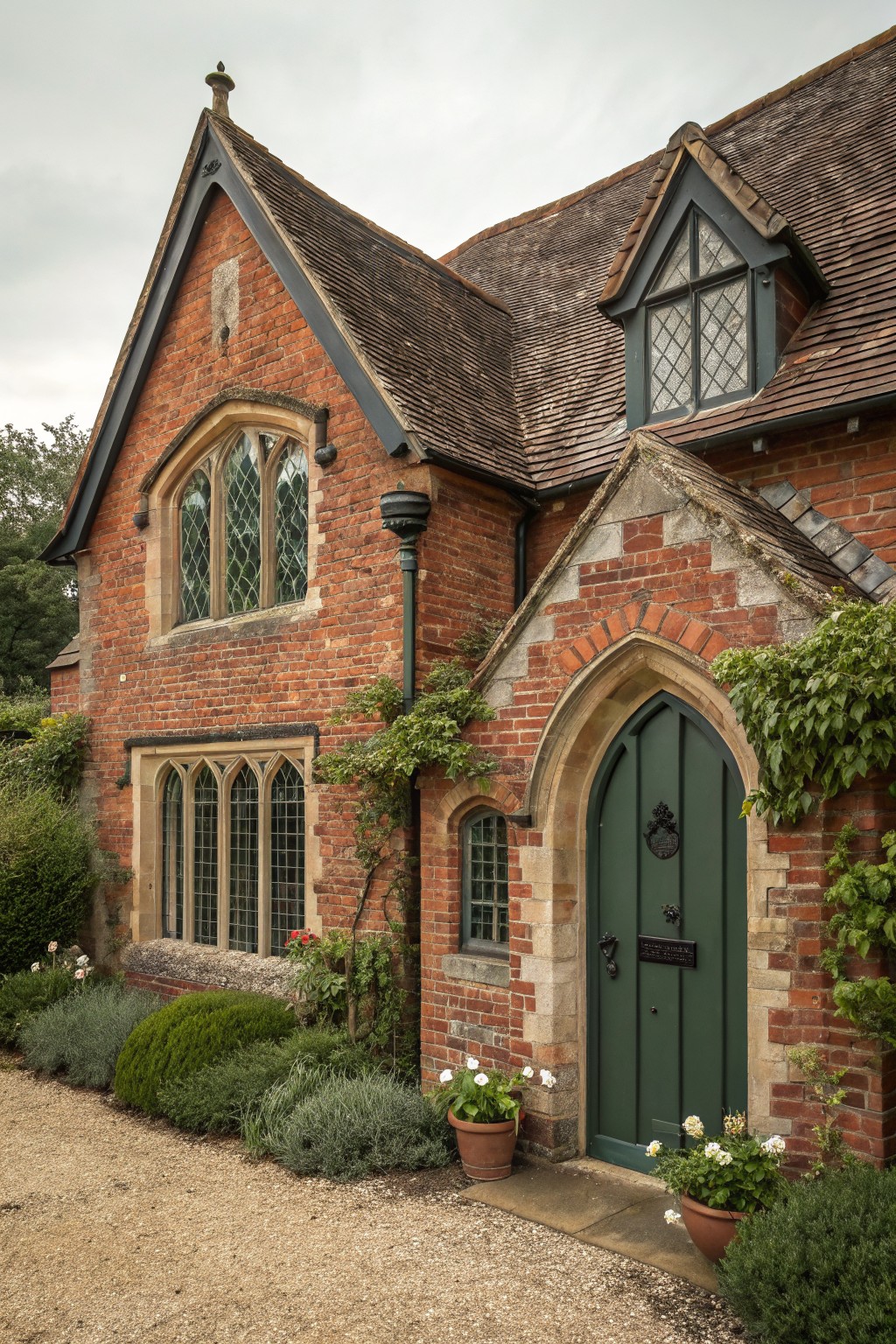 Red brick house exterior with tall pointed-arch green wooden door, stone surround, leaded glass windows, climbing ivy, potted plants, and gravel path.