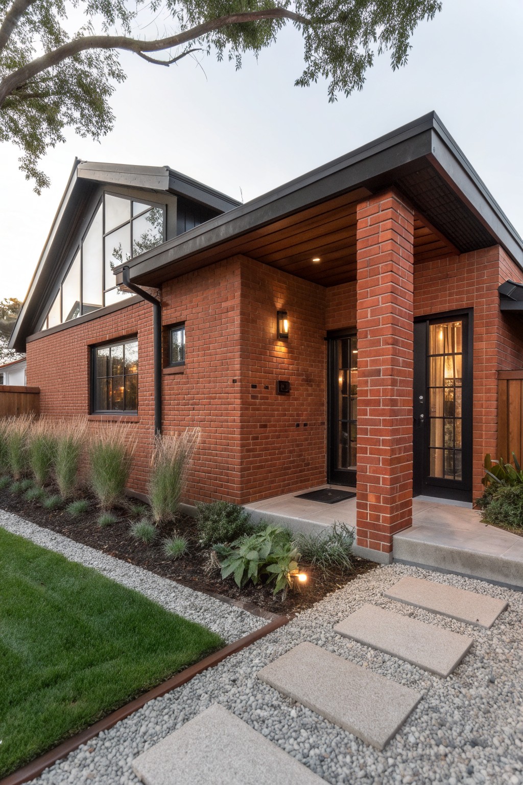 Red brick house exterior with black-framed windows and doors, a covered wooden porch supported by a brick pillar, flanked by ornamental grasses and a stone pathway leading to the entry.