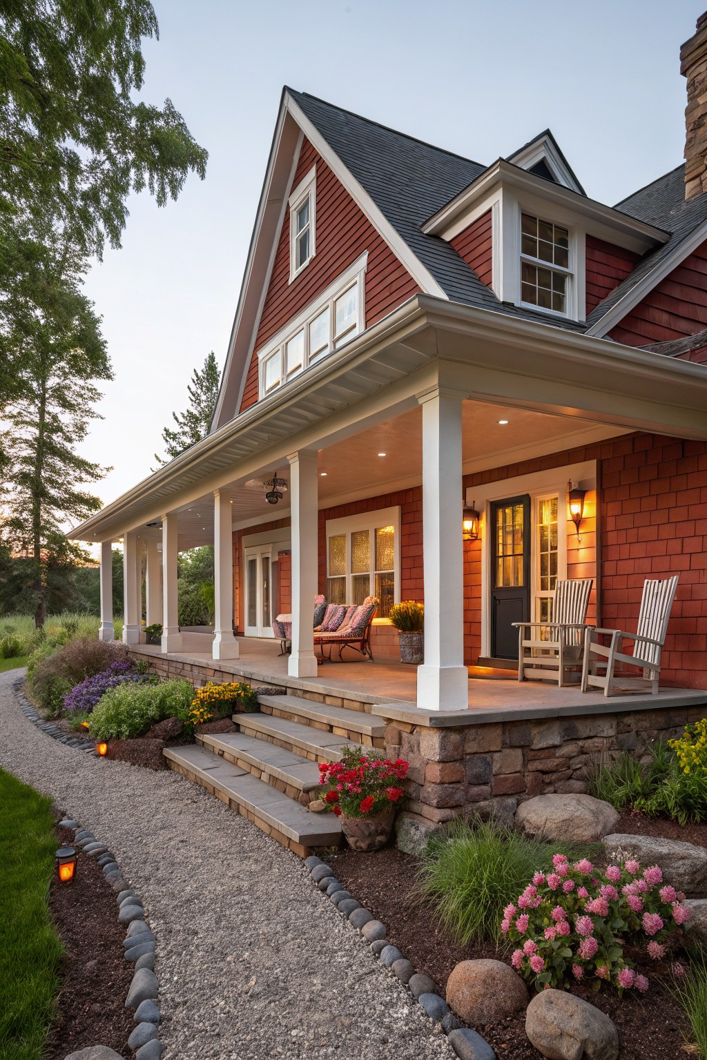 Red brick house with shingled gables, wraparound porch supported by white columns, front door flanked by windows, Adirondack chairs on porch, stone steps and gravel path with landscaping and lanterns leading to entrance.