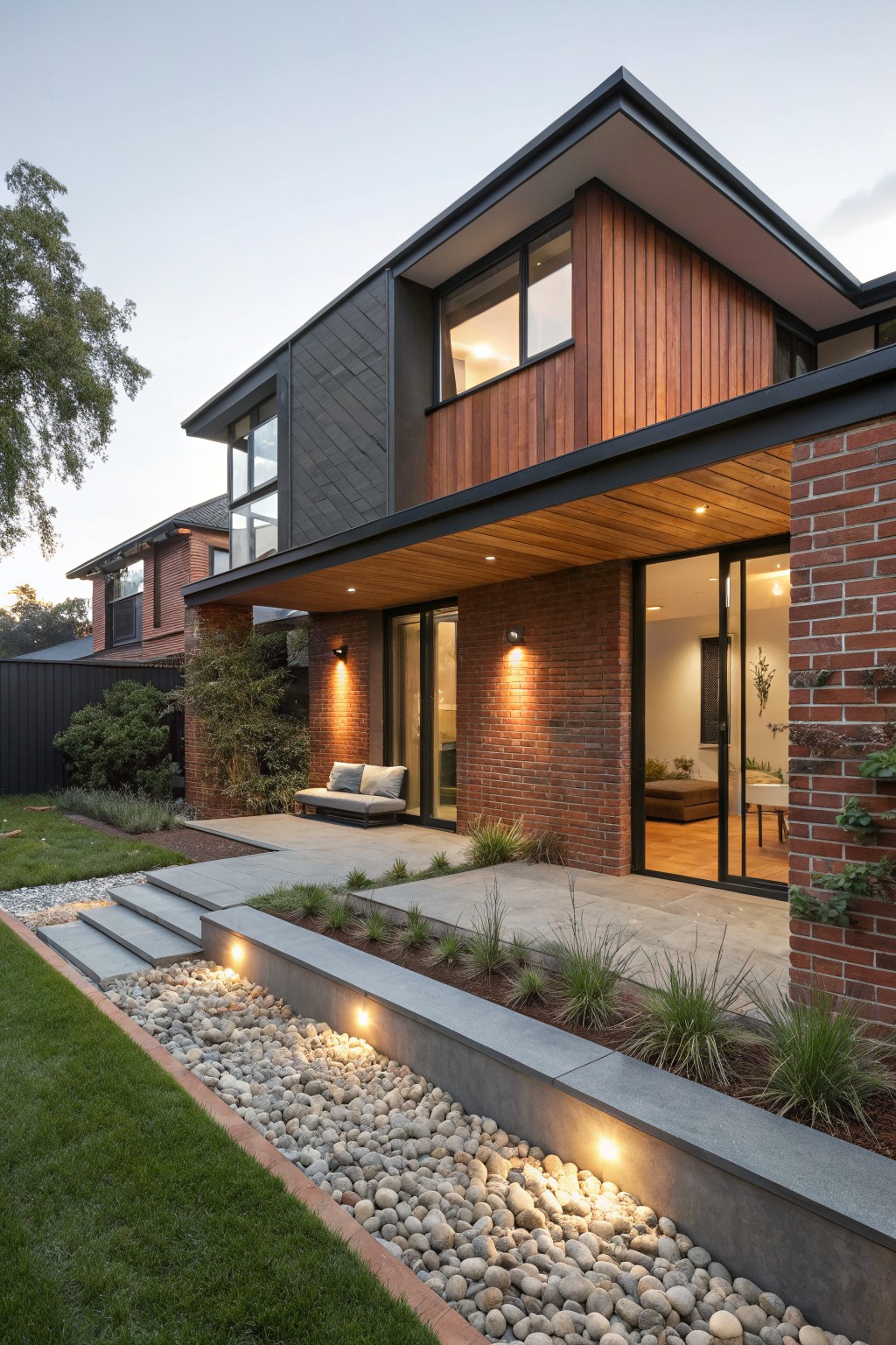 Side view of a two-story modern house with red brick lower walls, vertical wood cladding on upper sections and overhang, large glass sliding doors to a patio with bench seating, concrete steps, pebble garden border, and grass lawn.