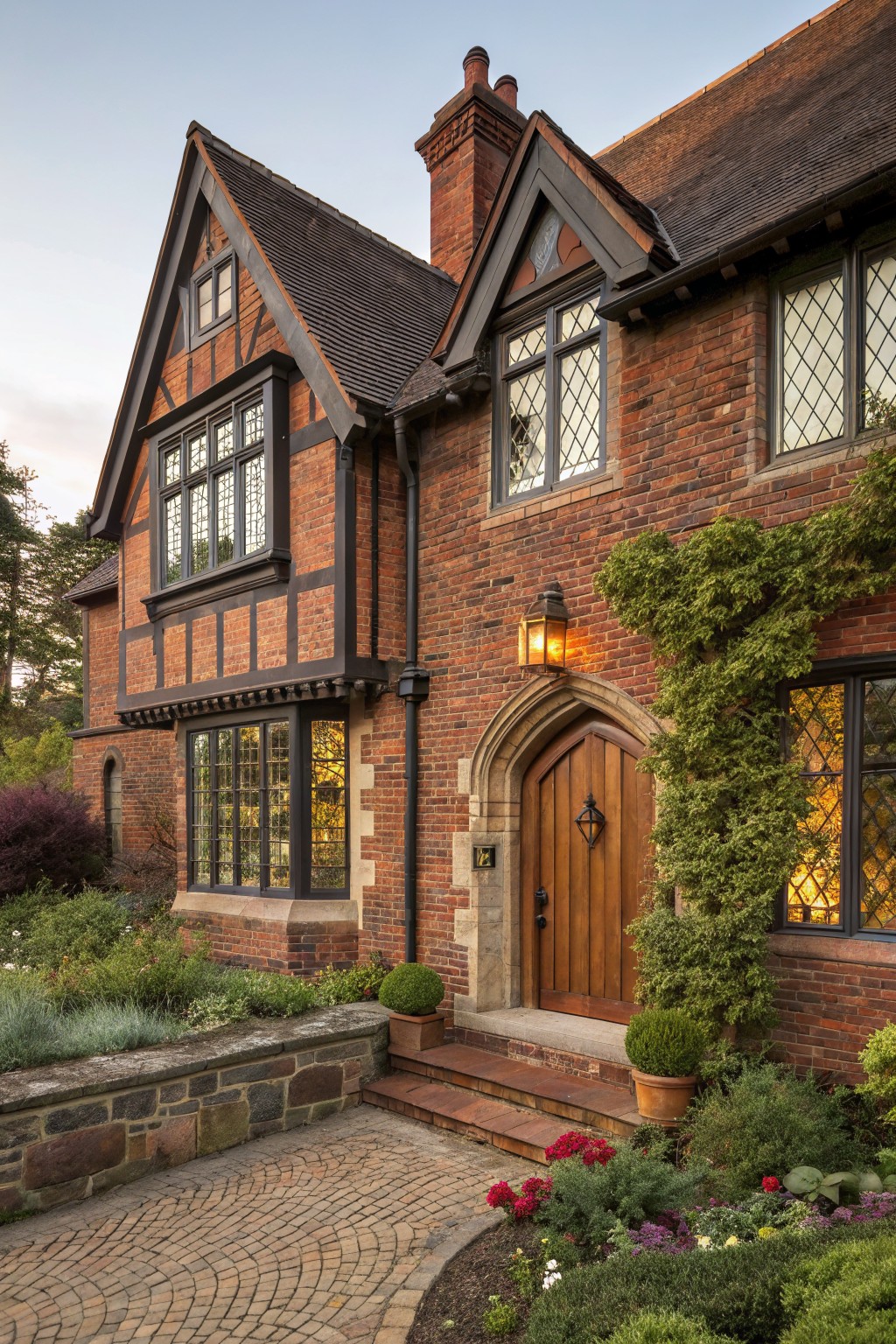 A two-story red brick house with black half-timber framing on gables and bays, tall leaded glass windows, arched wooden entry door with lantern light, ivy on the wall, stone steps, and surrounding garden beds with flowers and a brick path.