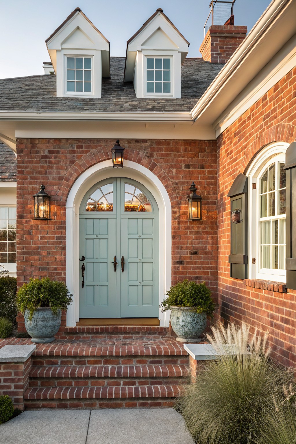 Red brick house exterior with arched light turquoise double front doors, brass lanterns, sidelight window, dormer windows above, brick steps, potted plants, and ornamental grass nearby.