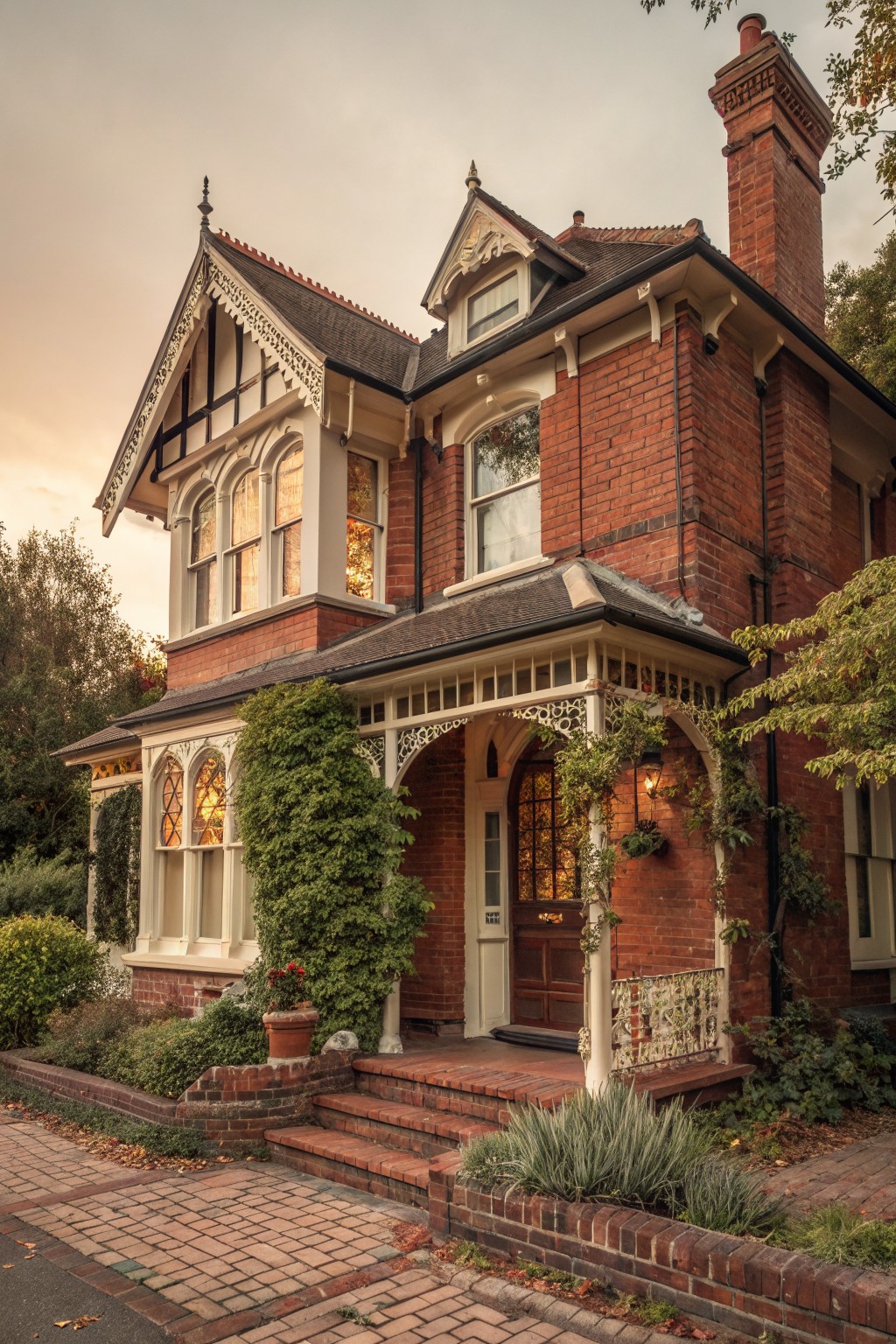 A two-story red brick Victorian house exterior with half-timbered gables, large arched windows, ornate covered front porch with climbing vines and a hanging lantern, brick steps, and surrounding landscaping at dusk.