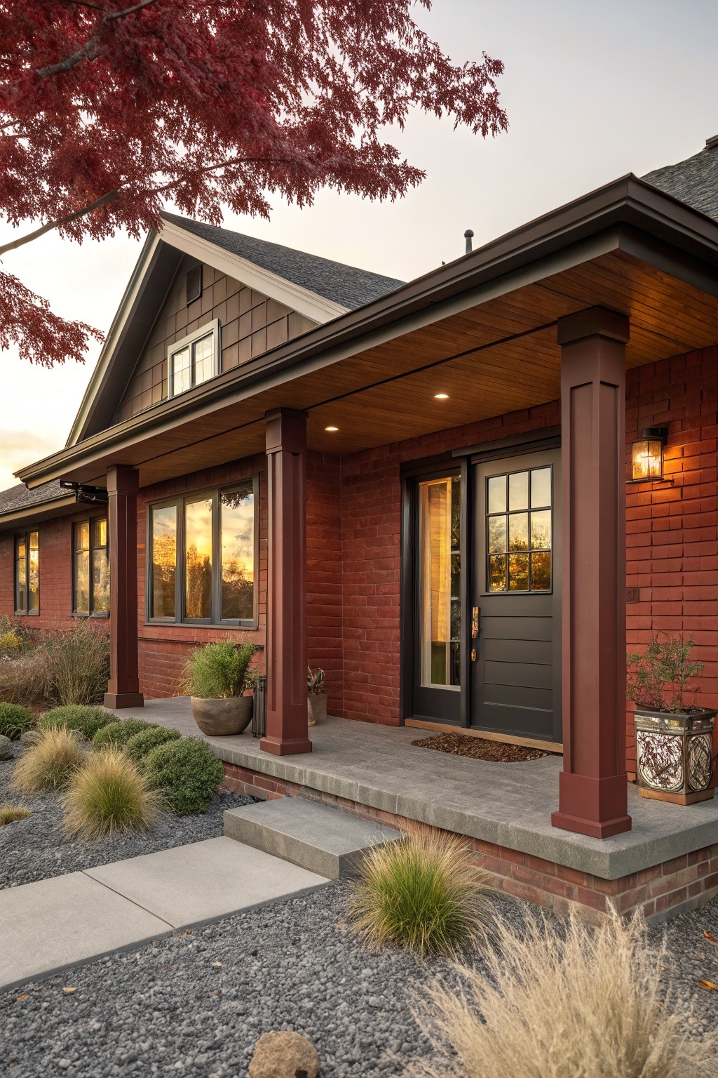 Red brick house exterior with covered wooden porch supported by tapered columns, dark wood front door with sidelight, large windows, gravel pathway, ornamental grasses, potted plants, and red maple tree branches overhead at dusk.