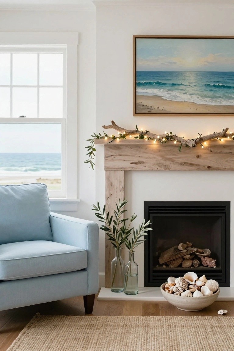 White interior room featuring a wooden mantel with driftwood garland strung with fairy lights and eucalyptus, a black gas fireplace with seashells and logs inside, two glass vases of olive branches on the hearth, a light blue armchair, beige rug, and large window showing ocean view.