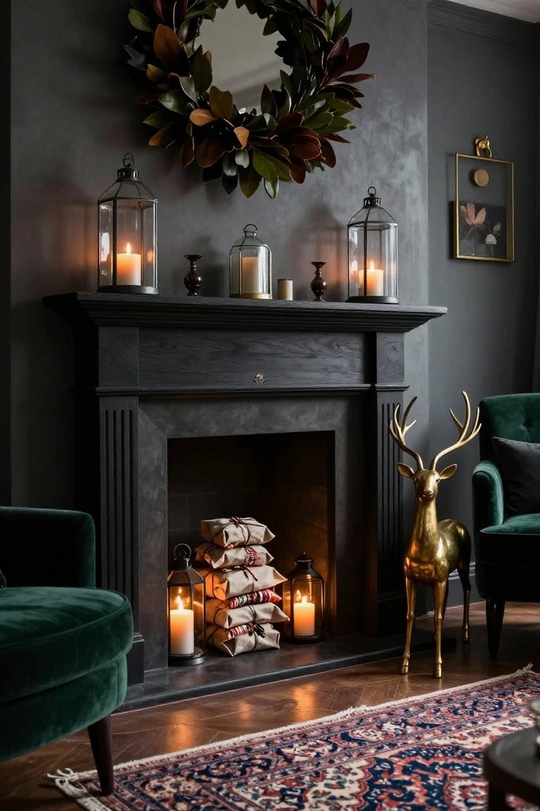 Dark-walled living room with black fireplace mantel holding lanterns and candles, fabric-wrapped firewood bundles inside the hearth, gold deer statue nearby, green velvet chairs, magnolia wreath on mirror above mantel, and Persian rug on parquet floor.