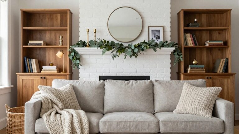White brick fireplace mantel decorated with draped green eucalyptus garland, wooden open shelves above displaying brass candlesticks, round mirror, books, framed photo, and gold orb, beige linen sofa with pillows and cream throw below.